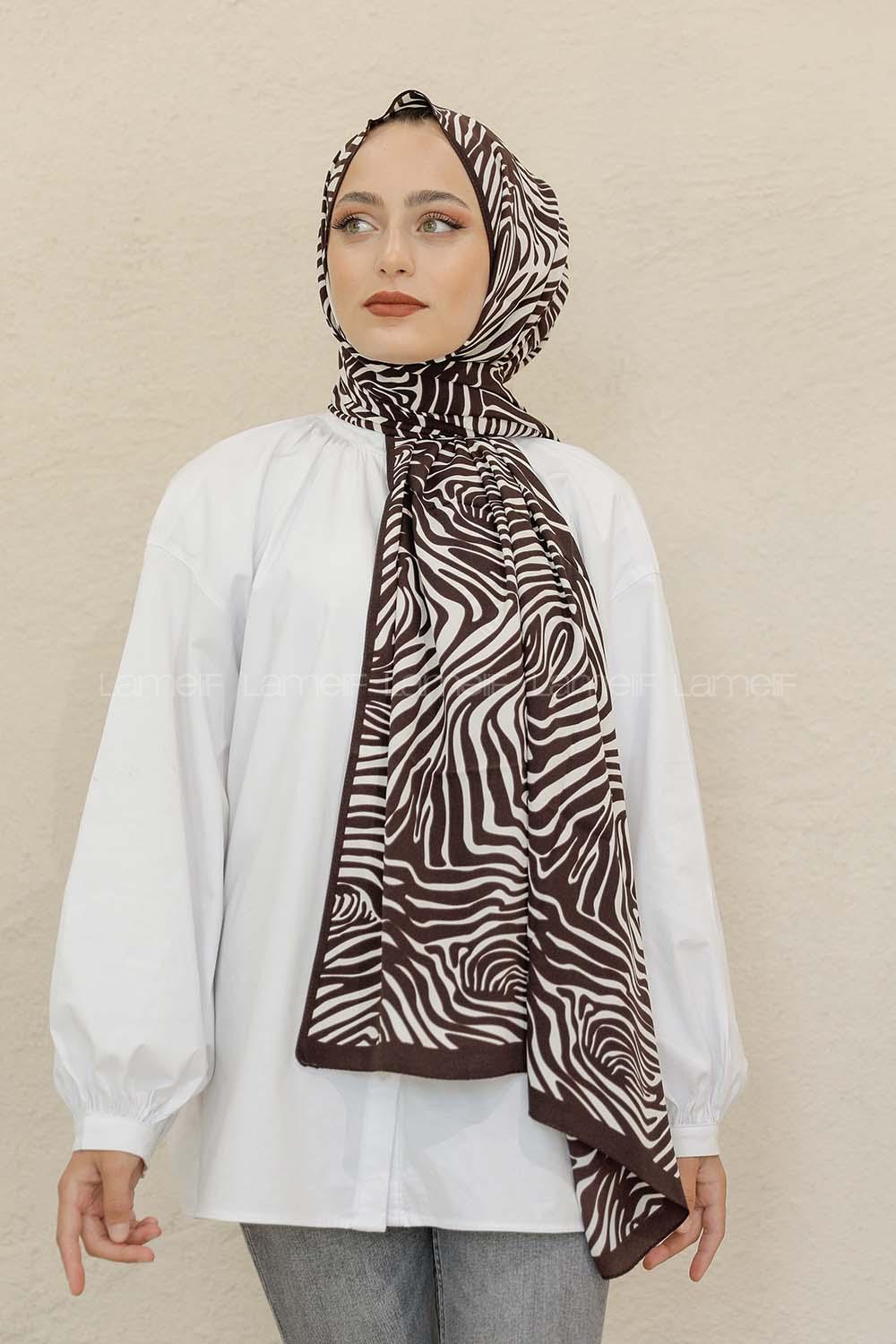 Modalamelif Kahve&Beyaz Baskılı Medine İpeği Şal Zen Desen