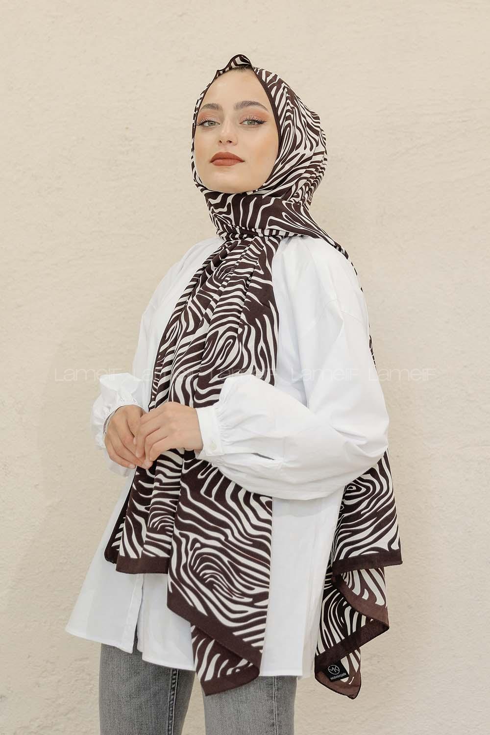 Modalamelif Kahve&Beyaz Baskılı Medine İpeği Şal Zen Desen