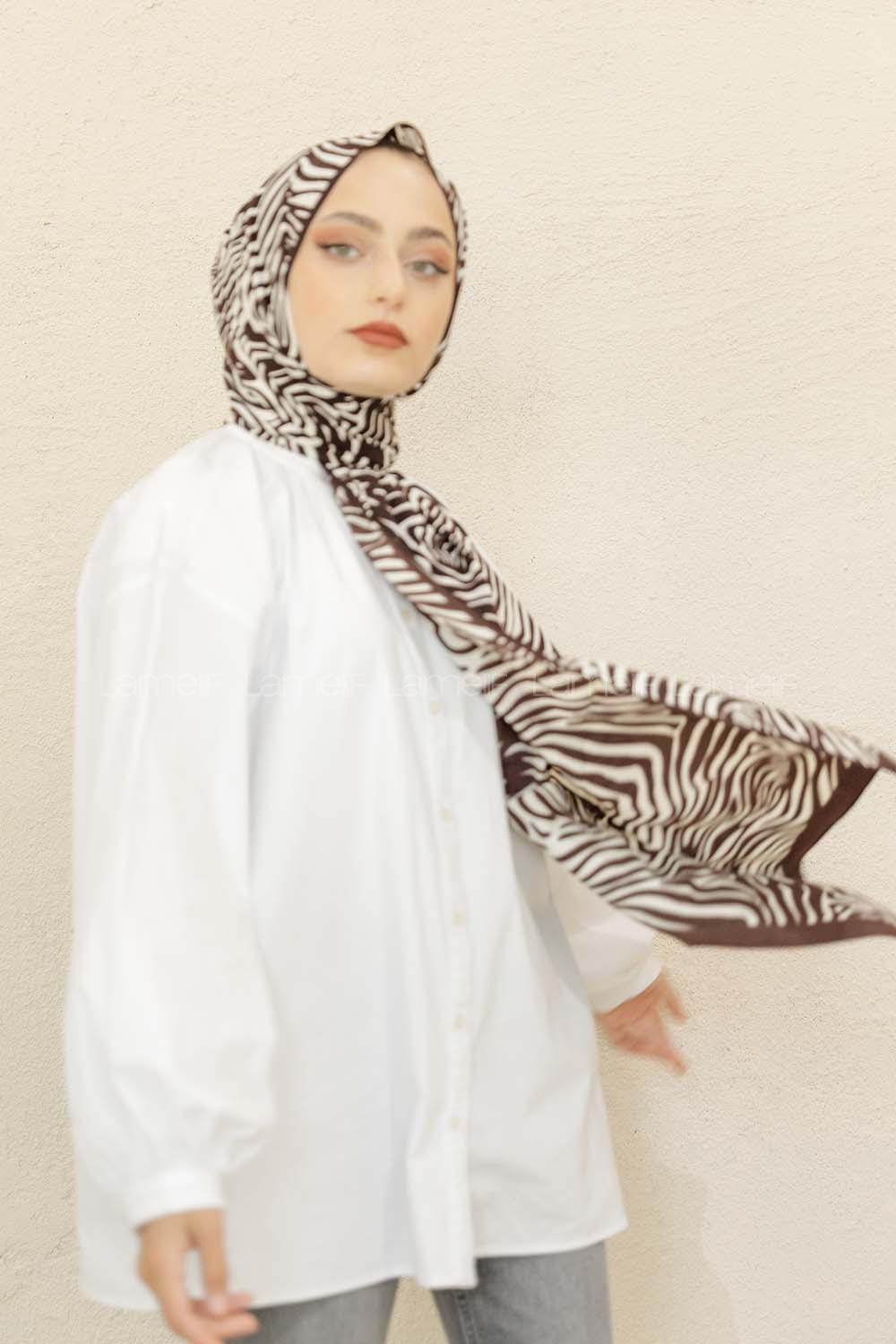 Modalamelif Kahve&Beyaz Baskılı Medine İpeği Şal Zen Desen