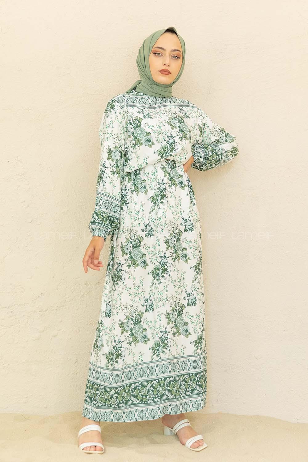 Modalamelif Kol Lastikli Desenli Elbise Yeşil