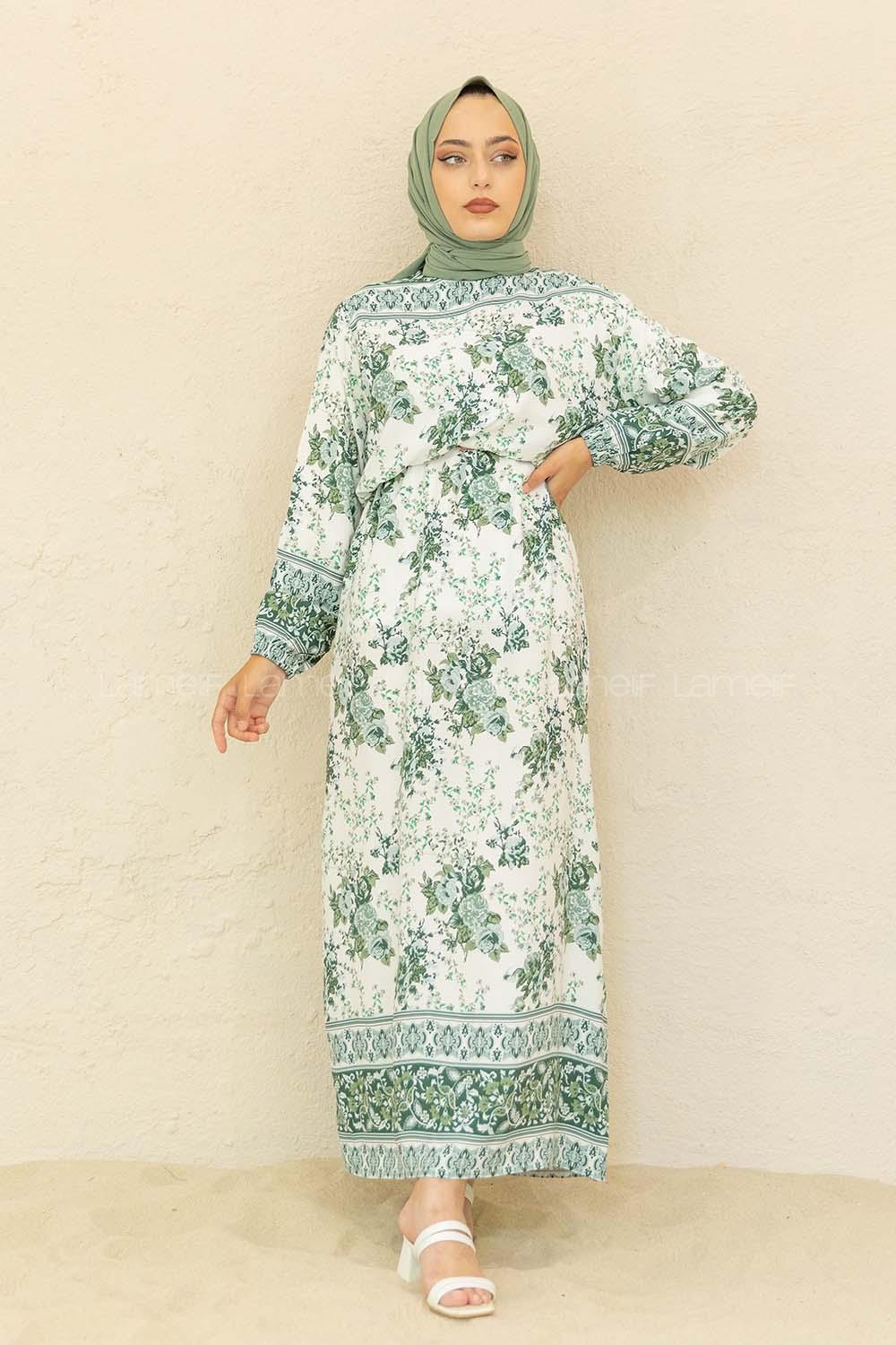 Modalamelif Kol Lastikli Desenli Elbise Yeşil