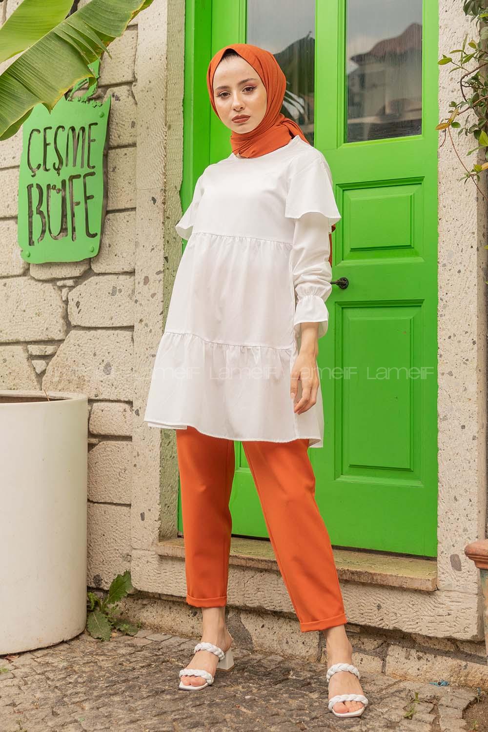 Modalamelif Kol Lastikli Fırfırlı Tunik Beyaz