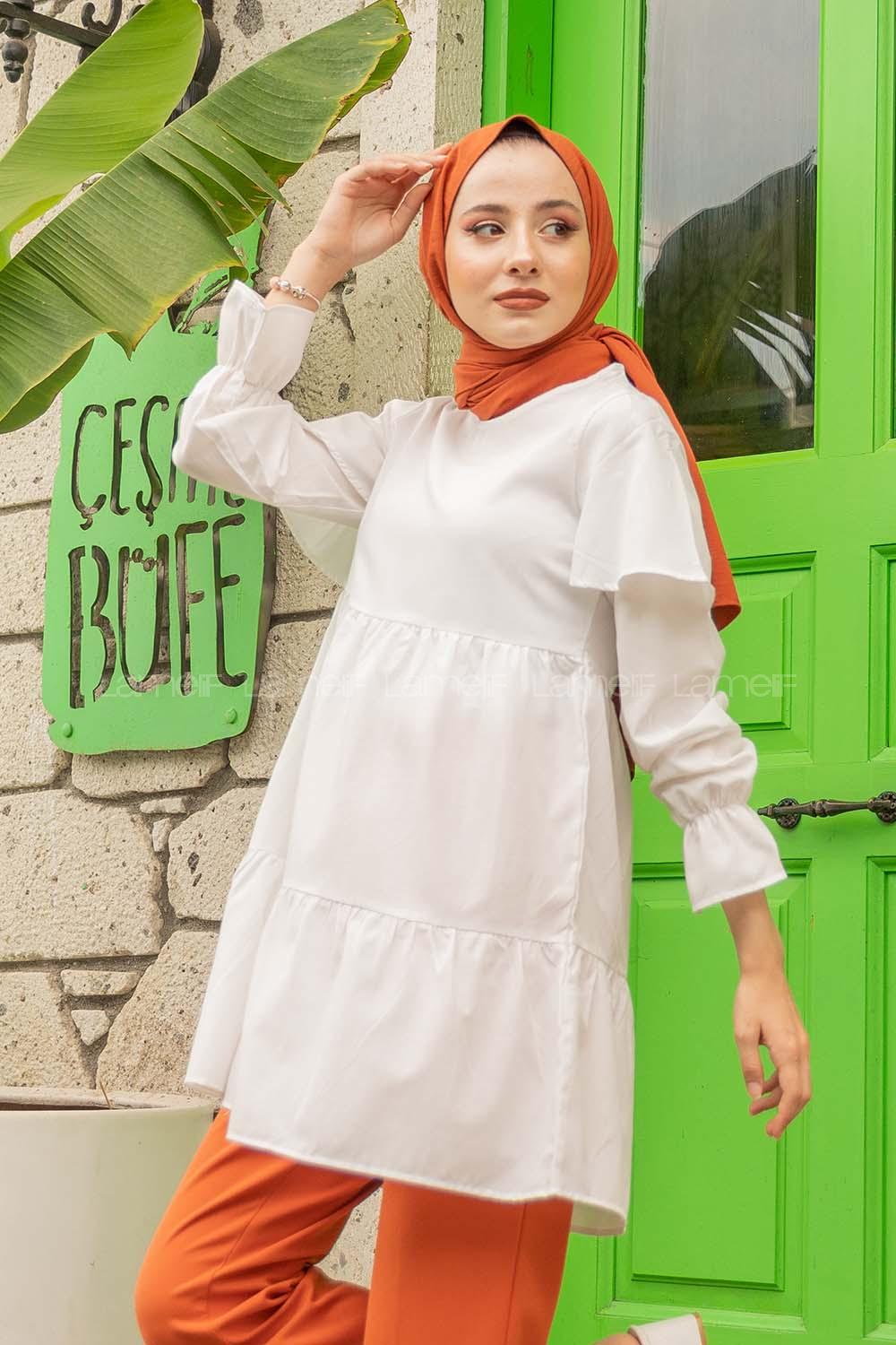 Modalamelif Kol Lastikli Fırfırlı Tunik Beyaz