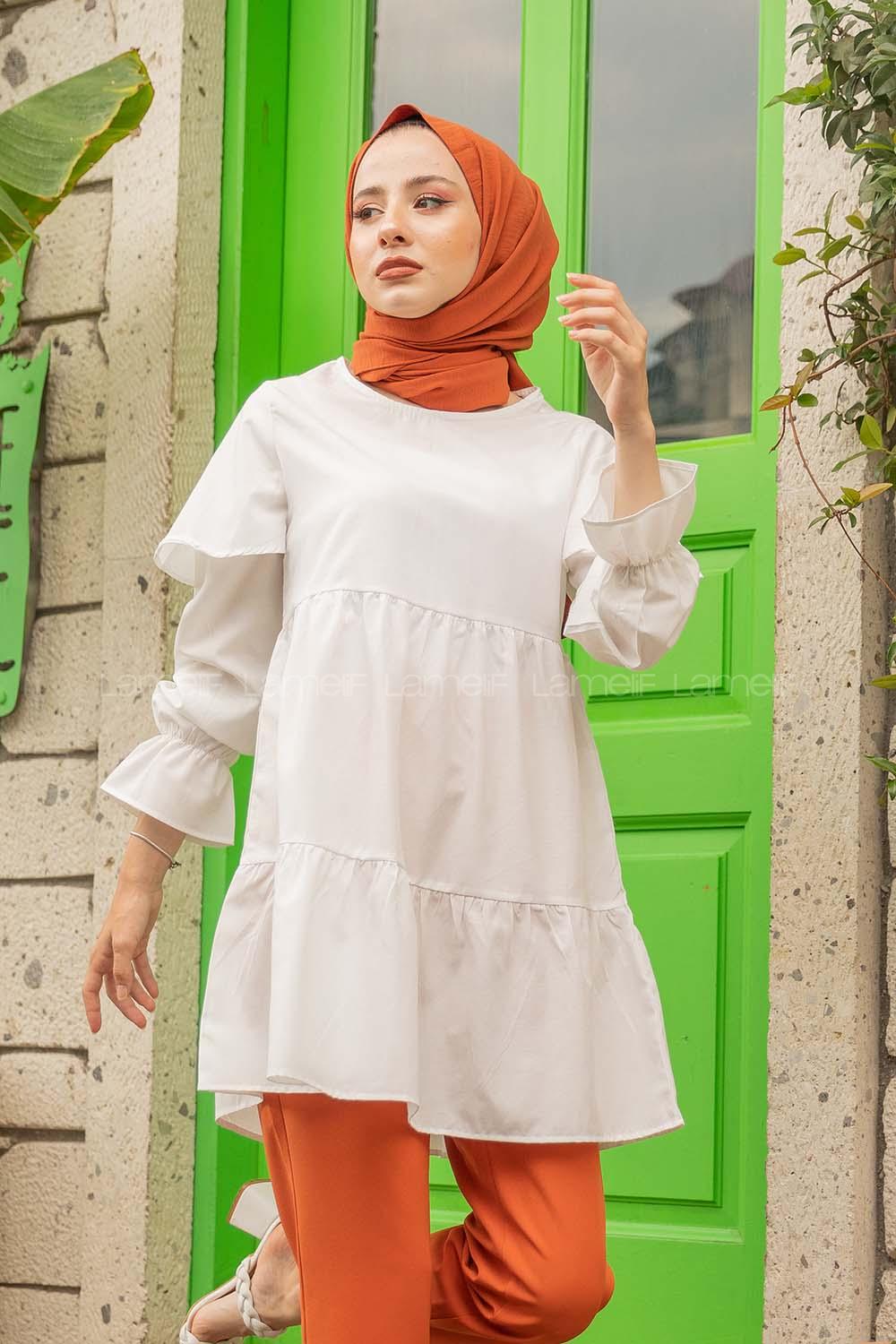 Modalamelif Kol Lastikli Fırfırlı Tunik Beyaz