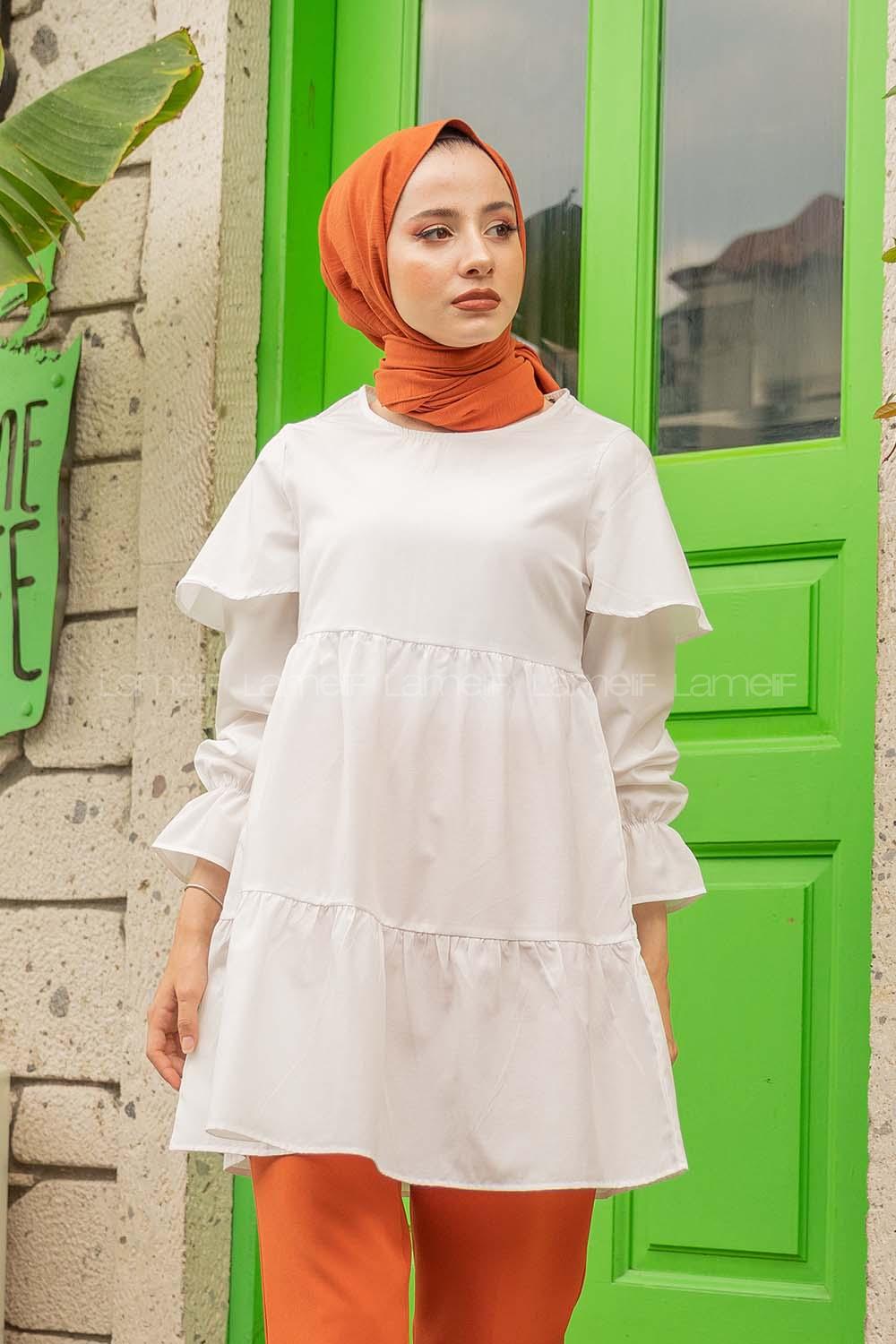 Modalamelif Kol Lastikli Fırfırlı Tunik Beyaz