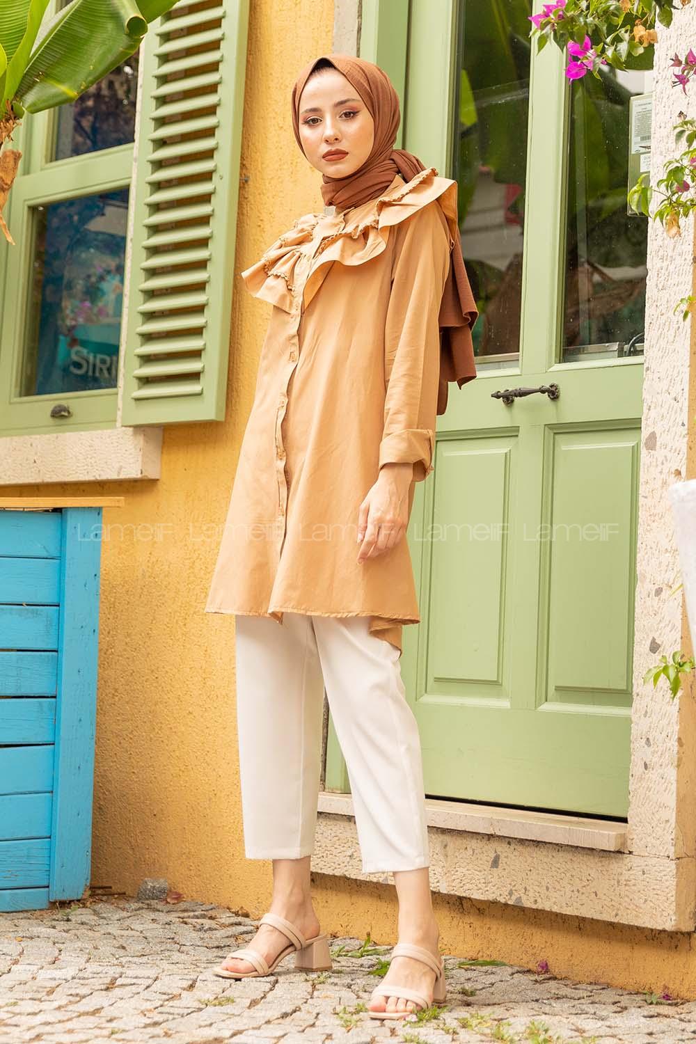 Modalamelif Ön Düğmeli Yaka Fırfırlı Gömlek Camel