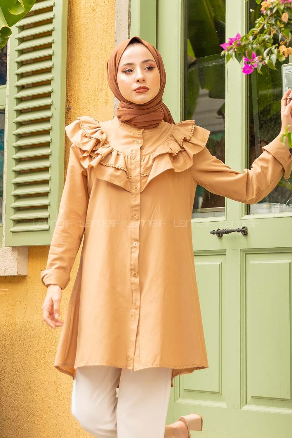 Modalamelif Ön Düğmeli Yaka Fırfırlı Gömlek Camel