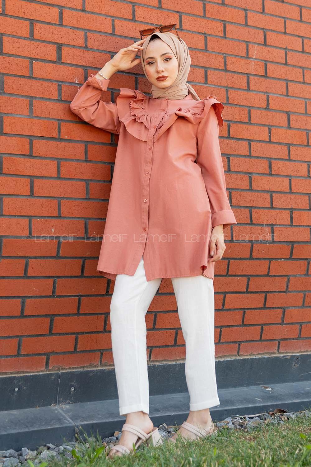 Modalamelif Ön Düğmeli Yaka Fırfırlı Gömlek Gül