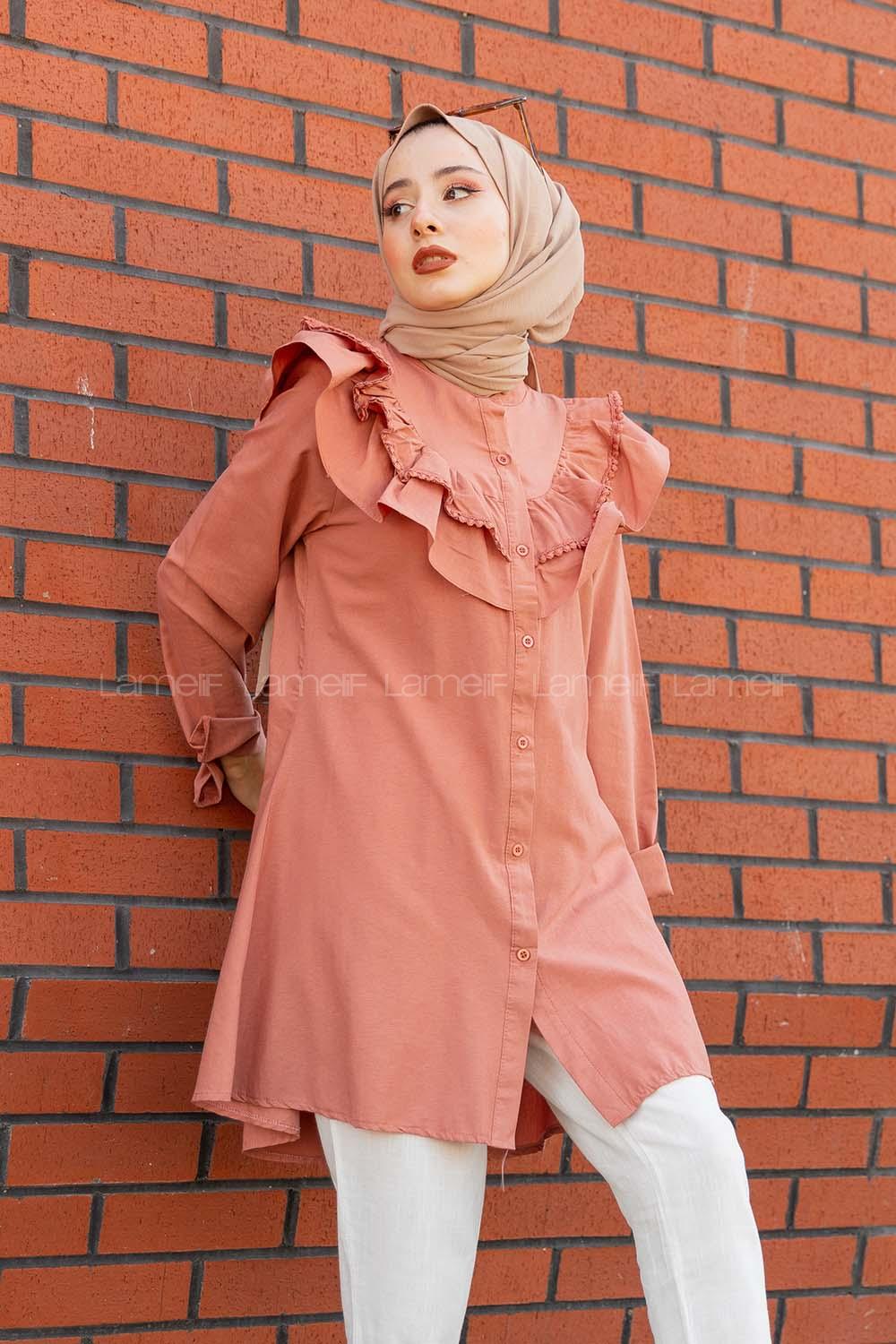 Modalamelif Ön Düğmeli Yaka Fırfırlı Gömlek Gül