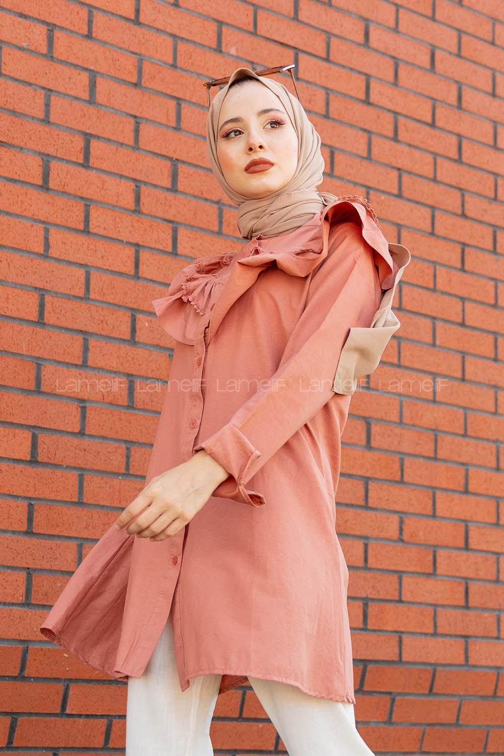 Modalamelif Ön Düğmeli Yaka Fırfırlı Gömlek Gül