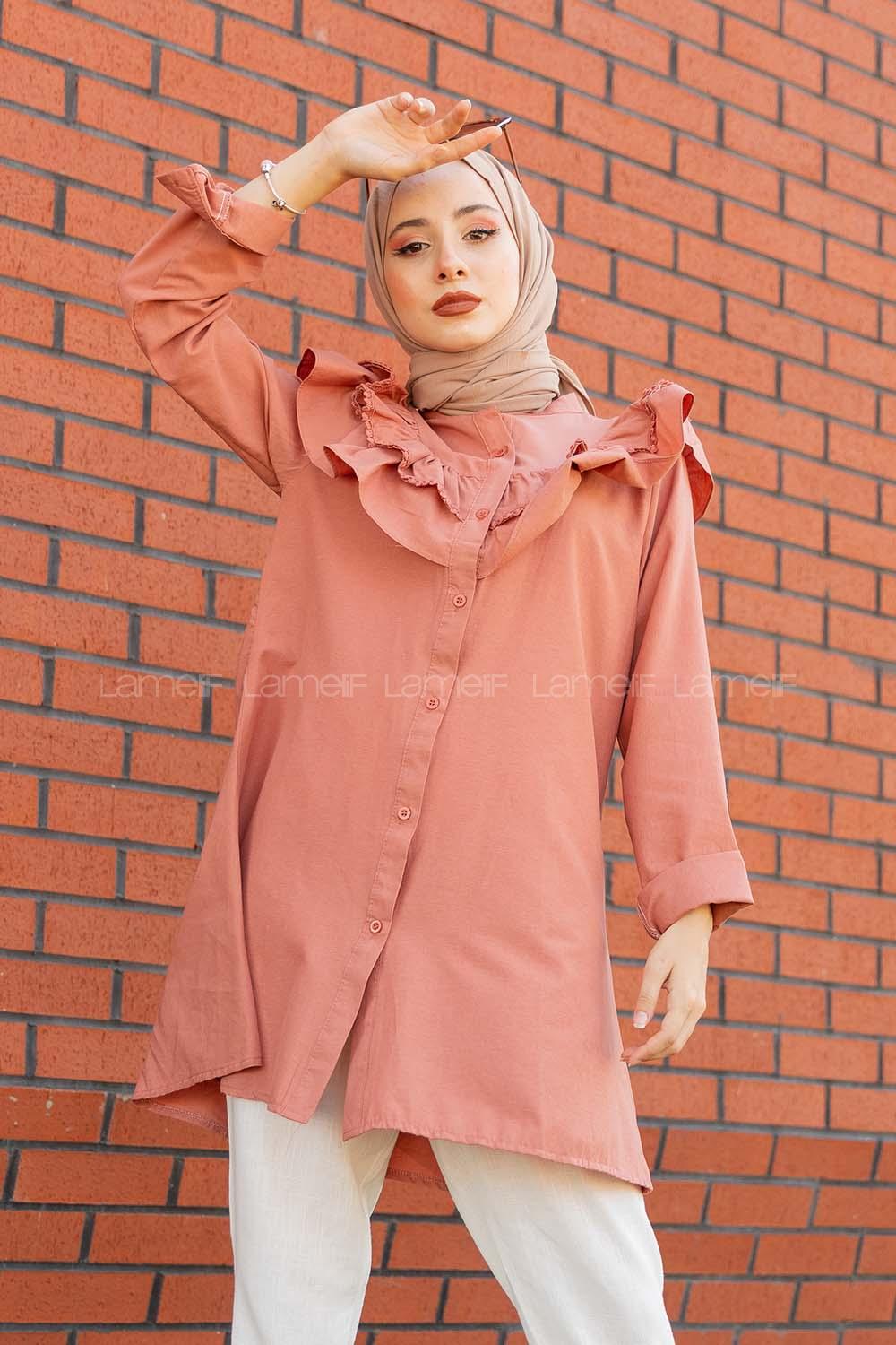 Modalamelif Ön Düğmeli Yaka Fırfırlı Gömlek Gül