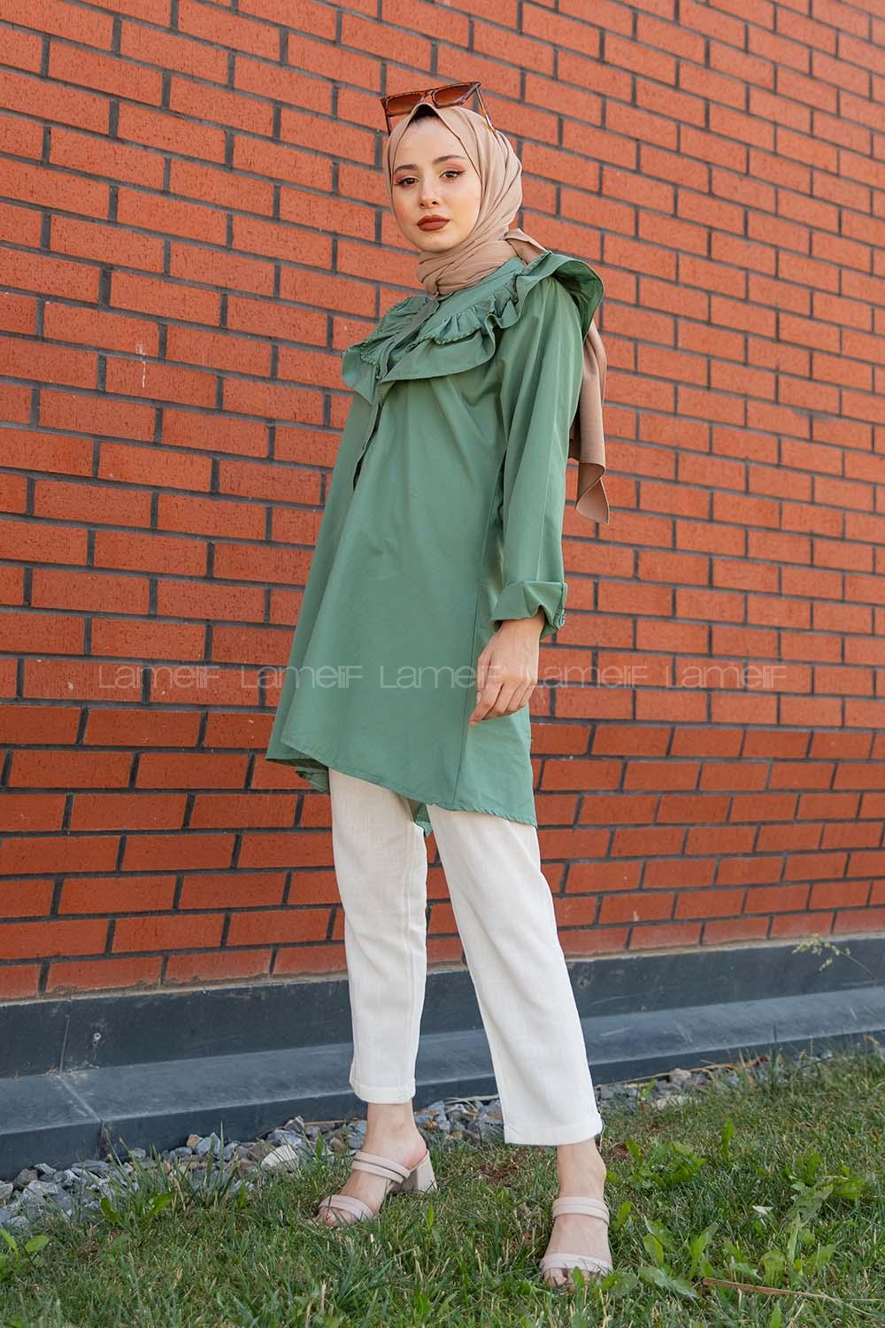 Modalamelif Ön Düğmeli Yaka Fırfırlı Gömlek Pastel Yeşili