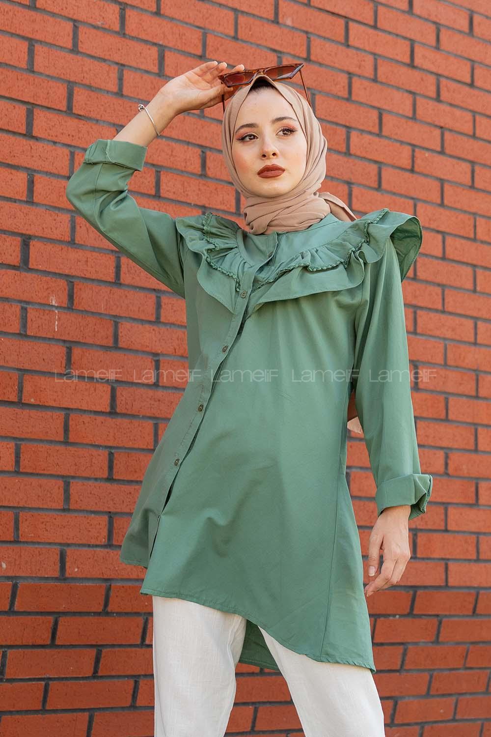 Modalamelif Ön Düğmeli Yaka Fırfırlı Gömlek Pastel Yeşili