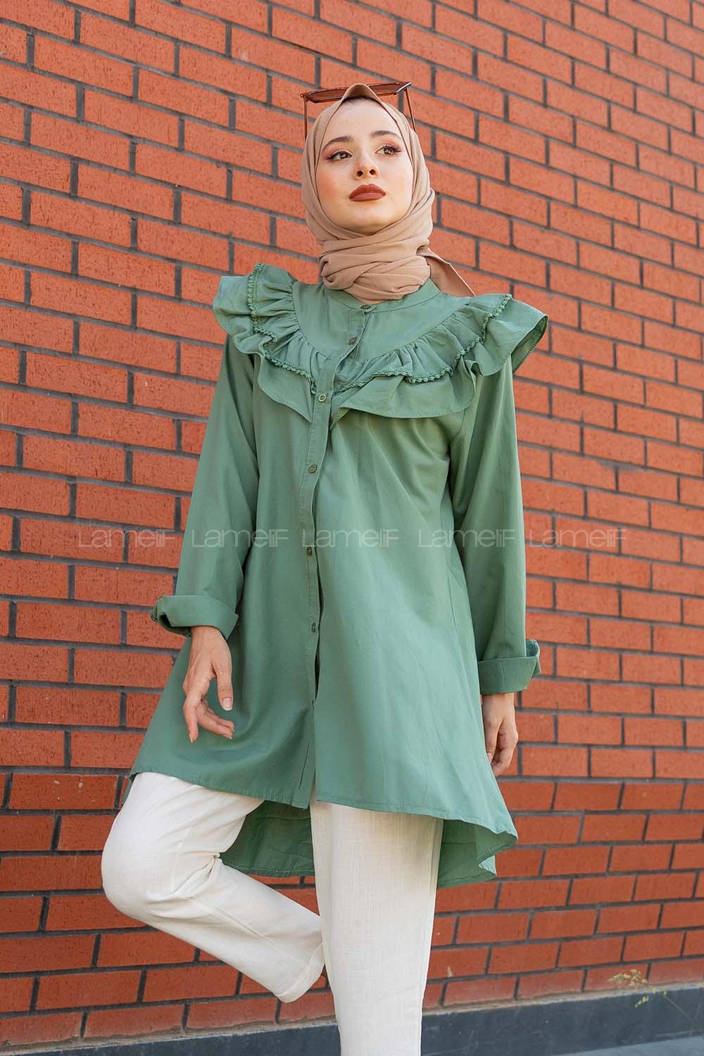 Modalamelif Ön Düğmeli Yaka Fırfırlı Gömlek Pastel Yeşili