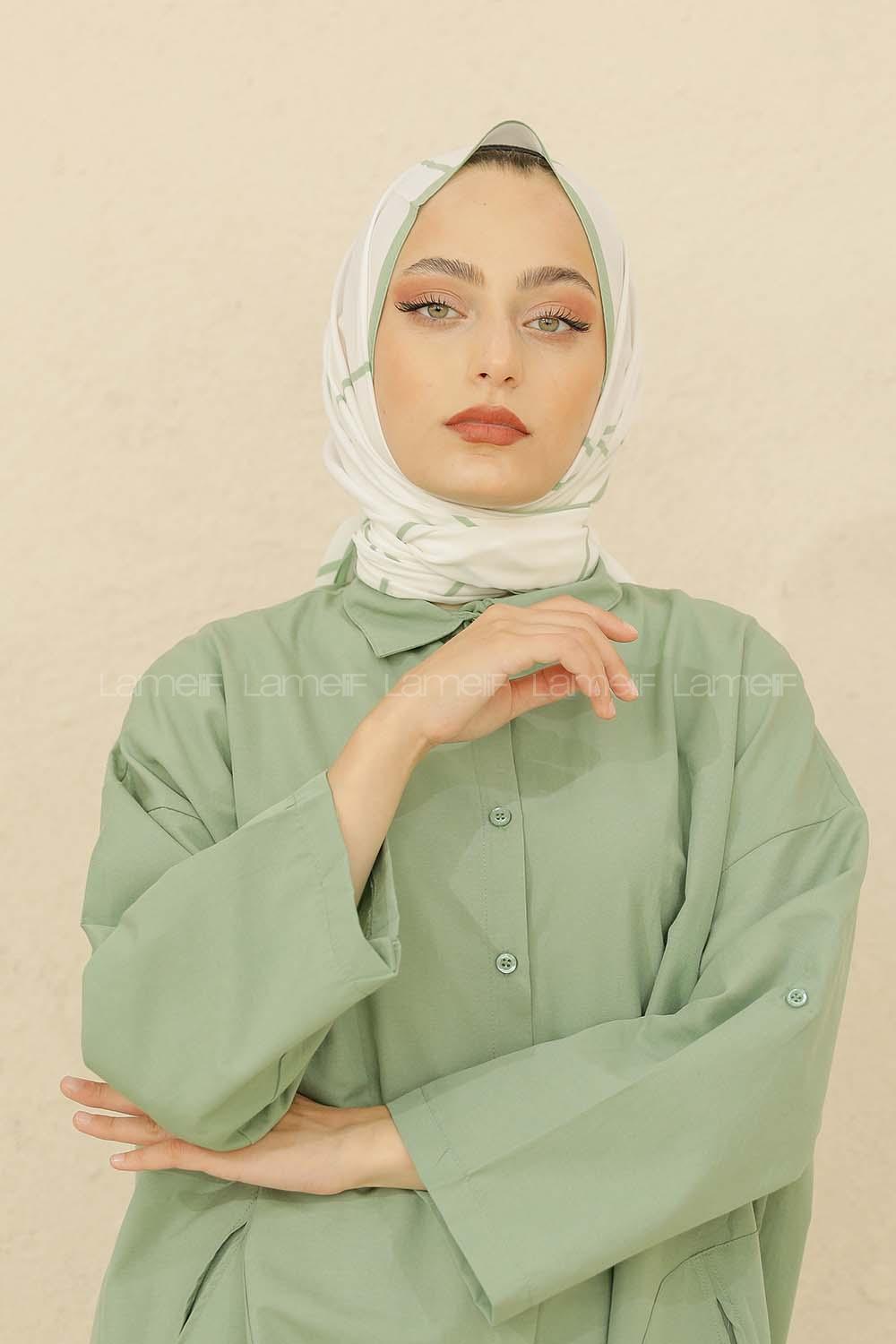 Modalamelif Renkli Baskılı Medine İpeği Şal Çizgi Desen Çağla