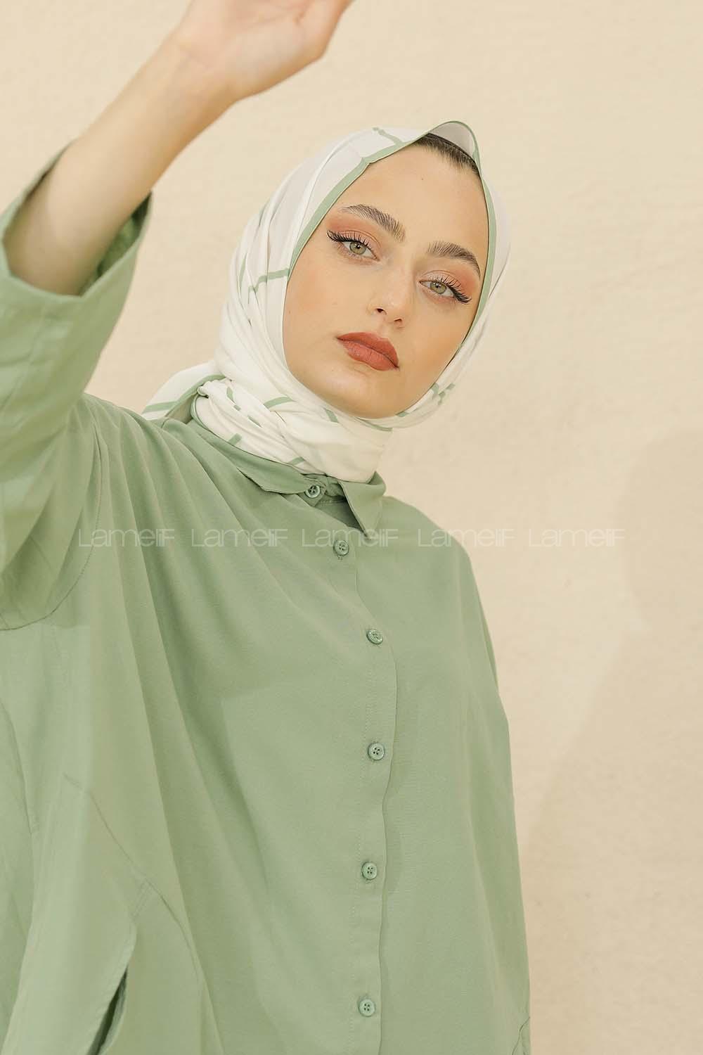 Modalamelif Renkli Baskılı Medine İpeği Şal Çizgi Desen Çağla