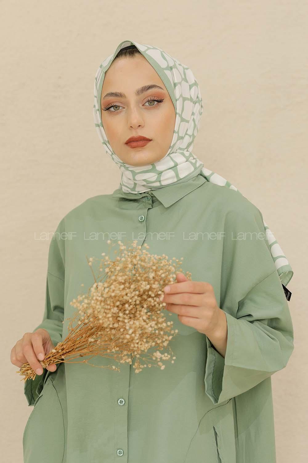 Modalamelif Renkli Baskılı Medine İpeği Şal Dama Desen Mint