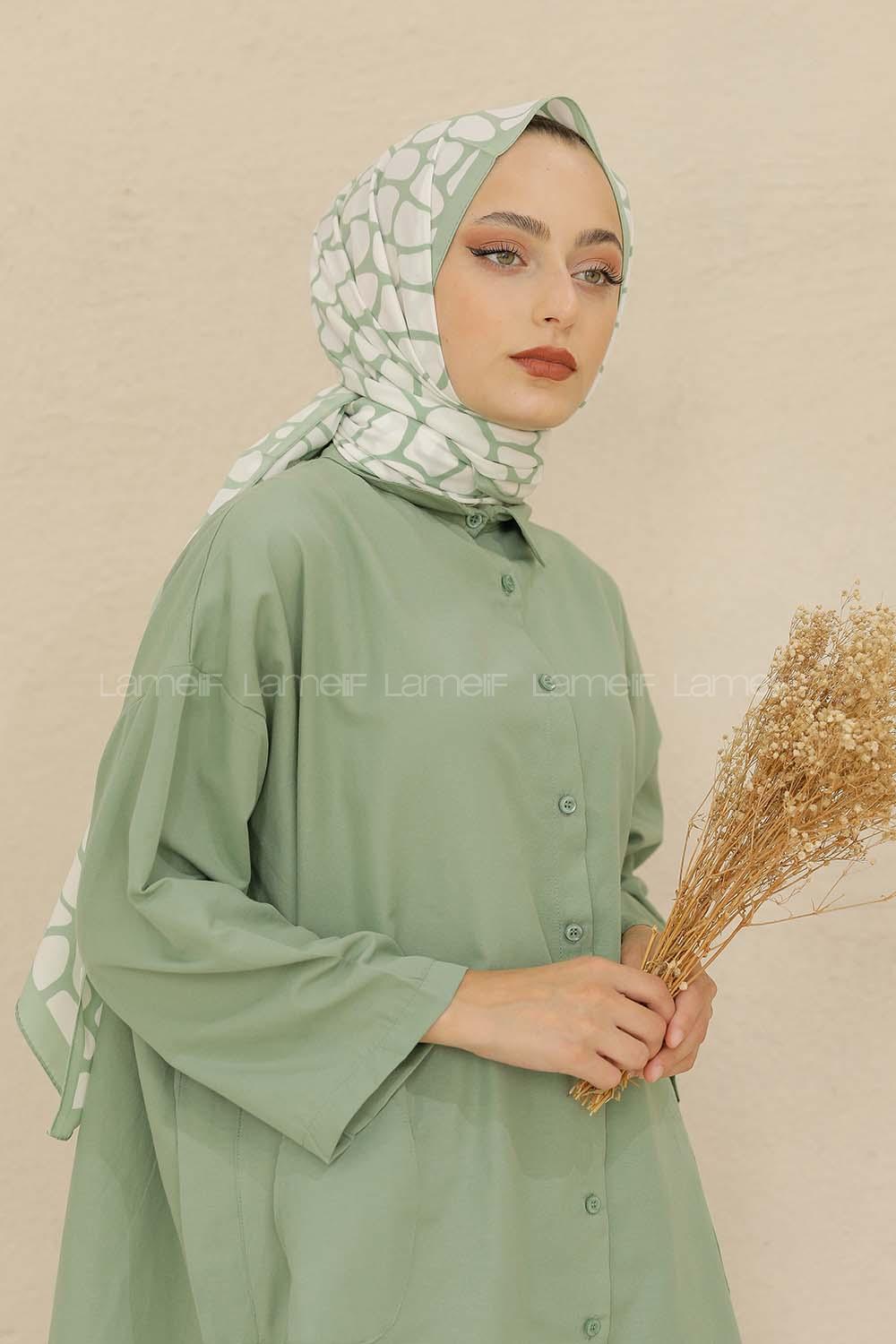 Modalamelif Renkli Baskılı Medine İpeği Şal Dama Desen Mint