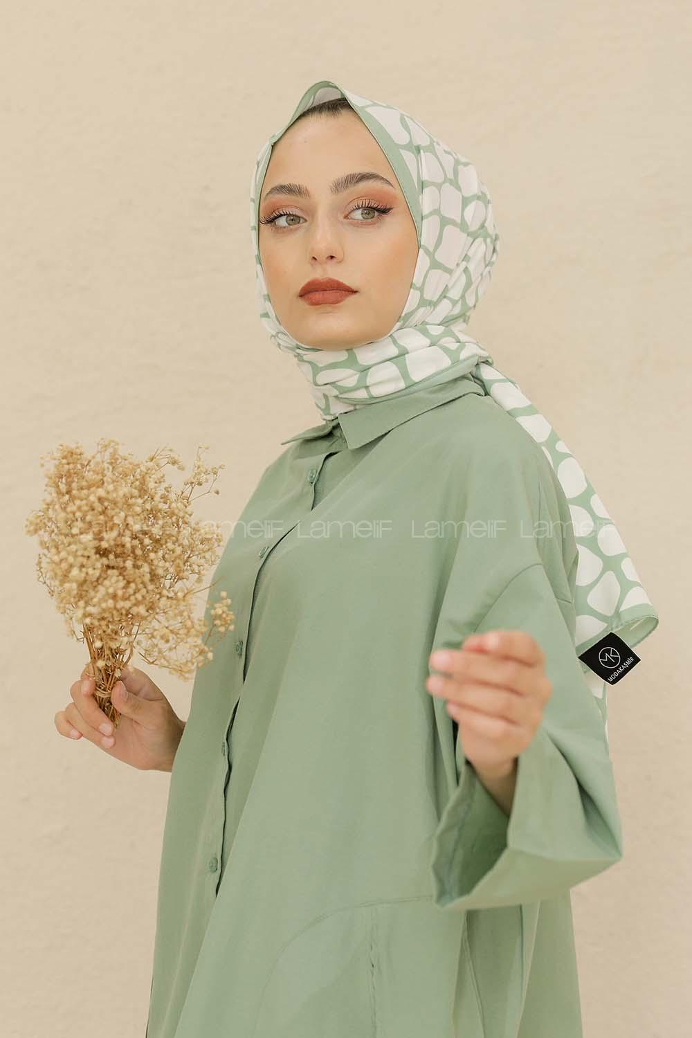 Modalamelif Renkli Baskılı Medine İpeği Şal Dama Desen Mint