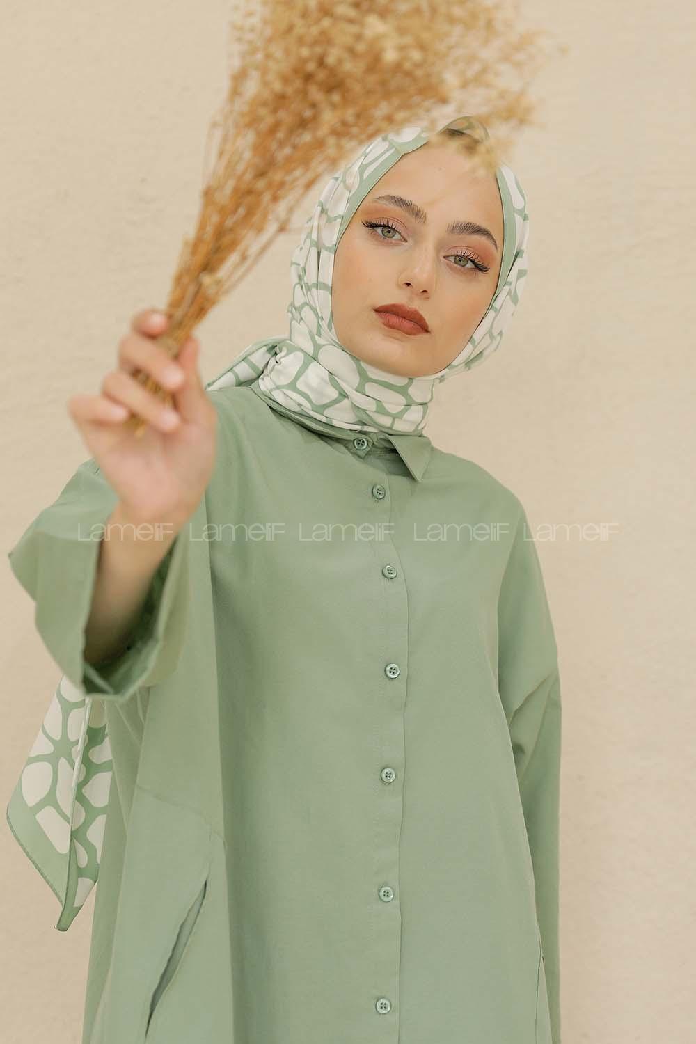 Modalamelif Renkli Baskılı Medine İpeği Şal Dama Desen Mint