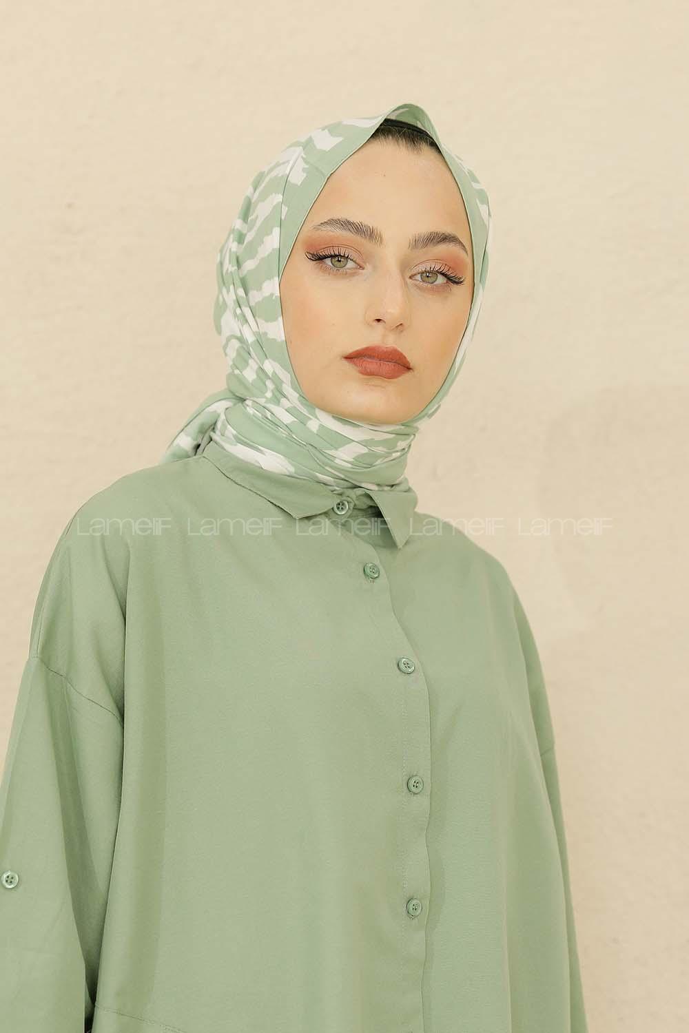 Modalamelif Renkli Baskılı Medine İpeği Şal Monokrom Desen Çağla