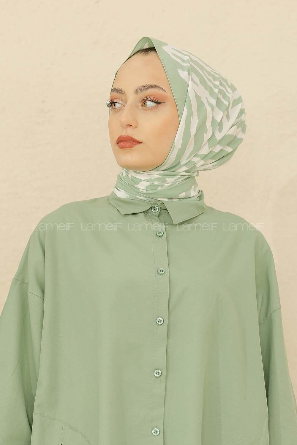 Modalamelif Renkli Baskılı Medine İpeği Şal Monokrom Desen Çağla