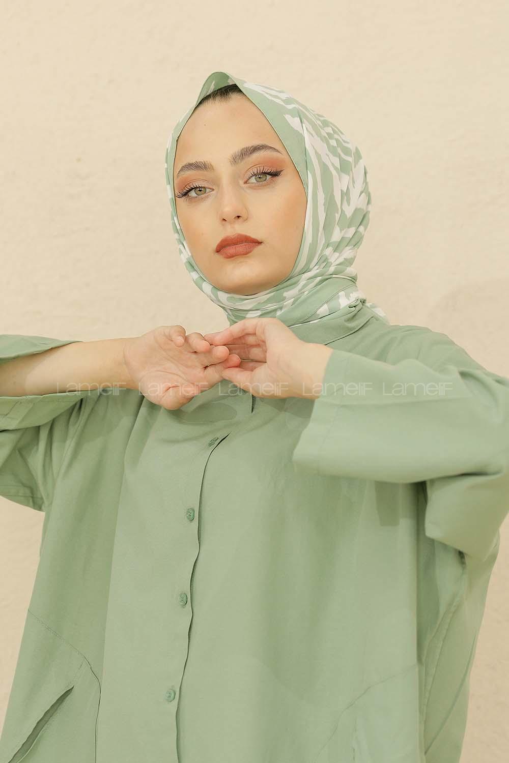 Modalamelif Renkli Baskılı Medine İpeği Şal Monokrom Desen Çağla