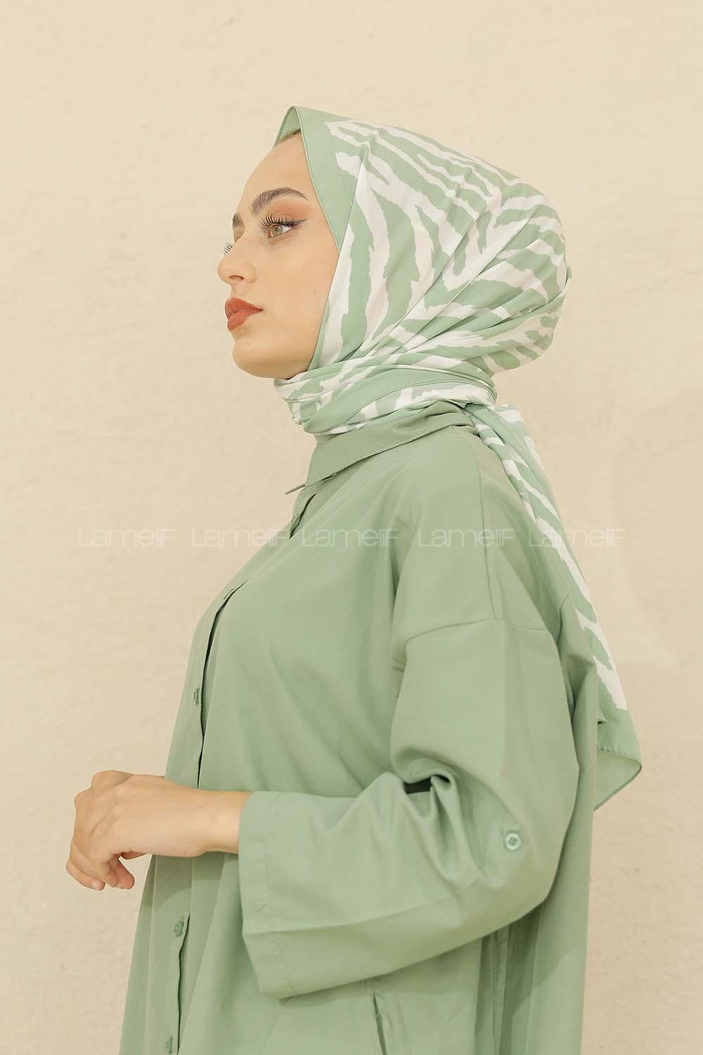 Modalamelif Renkli Baskılı Medine İpeği Şal Monokrom Desen Çağla