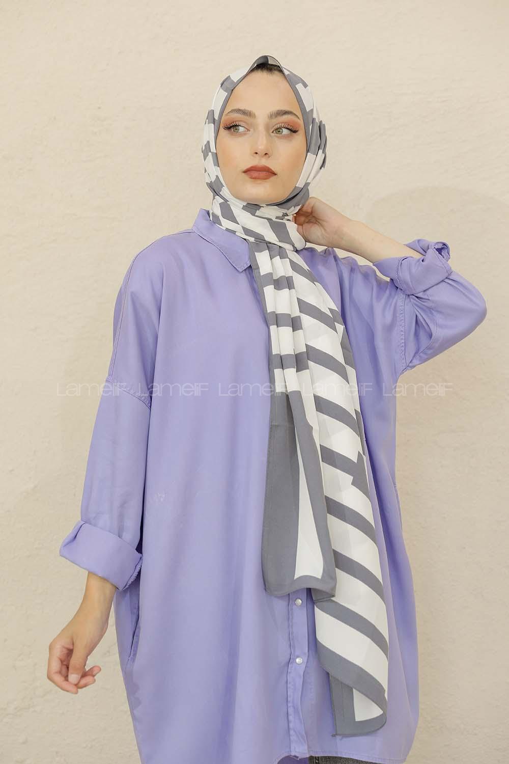 Modalamelif Renkli Baskılı Medine İpeği Şal Monokrom Desen Füme