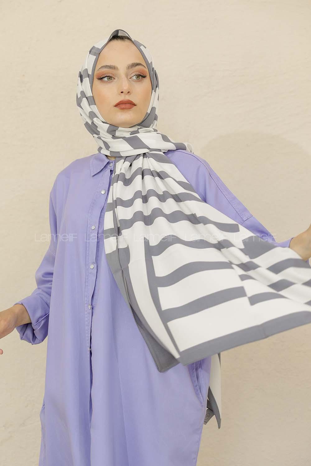 Modalamelif Renkli Baskılı Medine İpeği Şal Monokrom Desen Füme