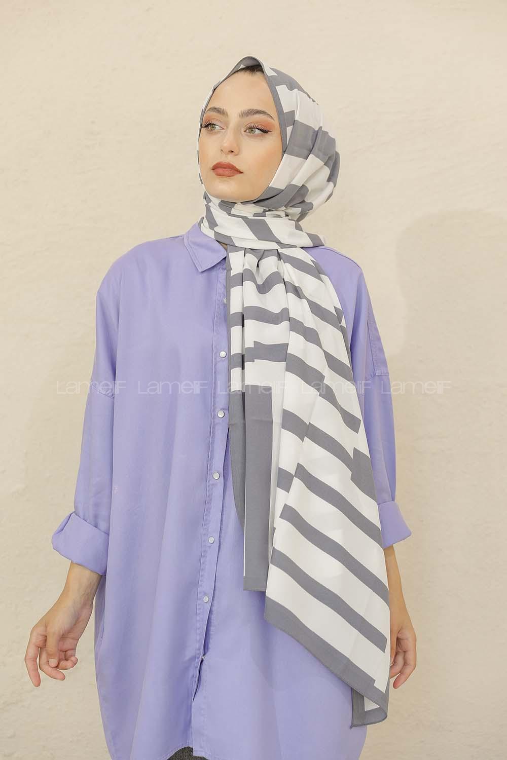 Modalamelif Renkli Baskılı Medine İpeği Şal Monokrom Desen Füme