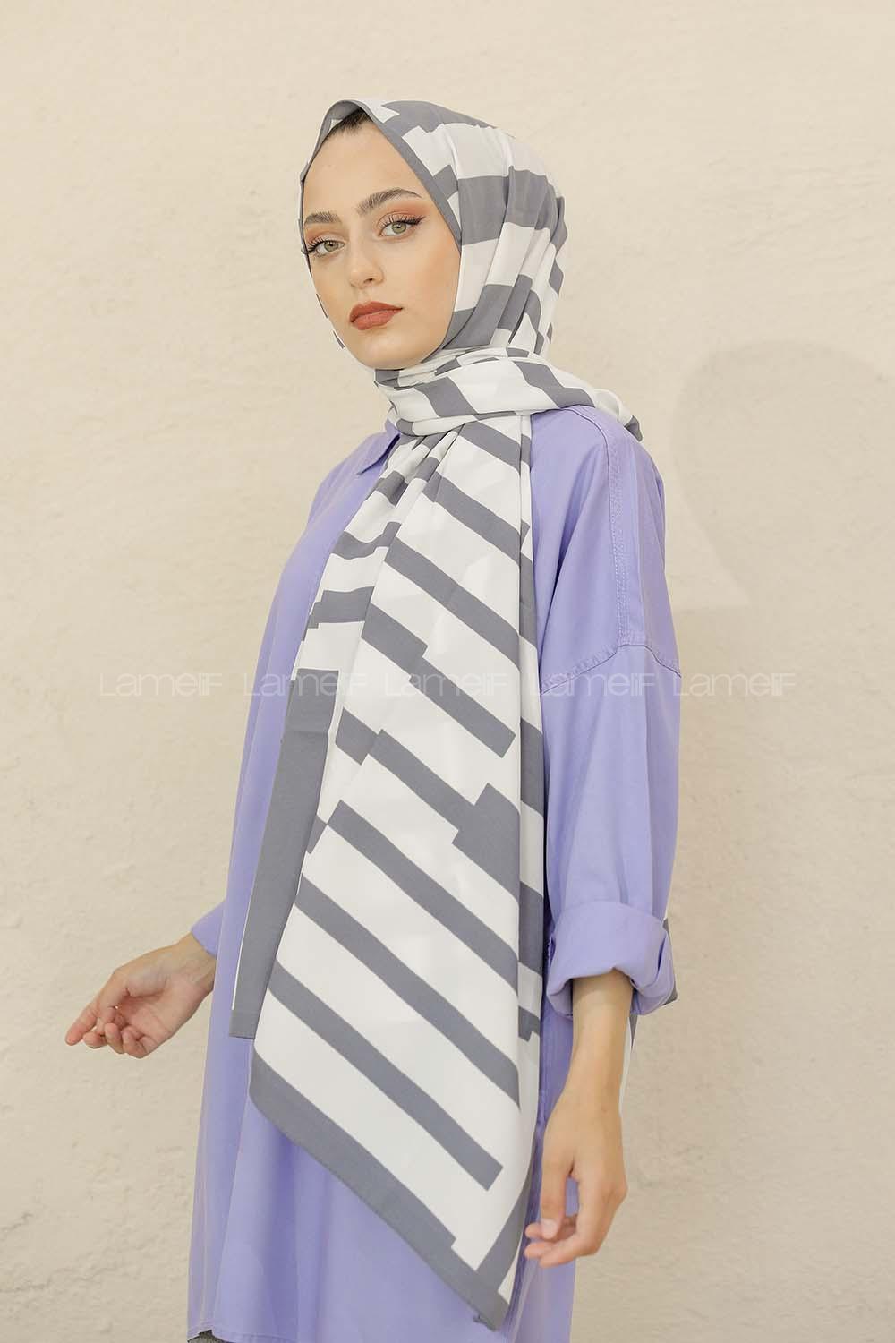 Modalamelif Renkli Baskılı Medine İpeği Şal Monokrom Desen Füme