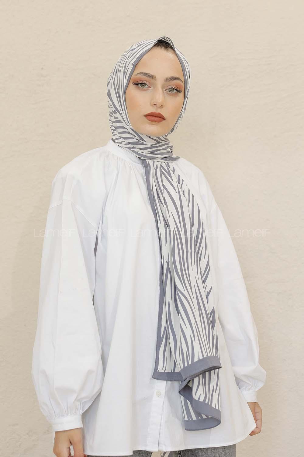 Modalamelif Renkli Baskılı Medine İpeği Şal Monokrom Desen Füme