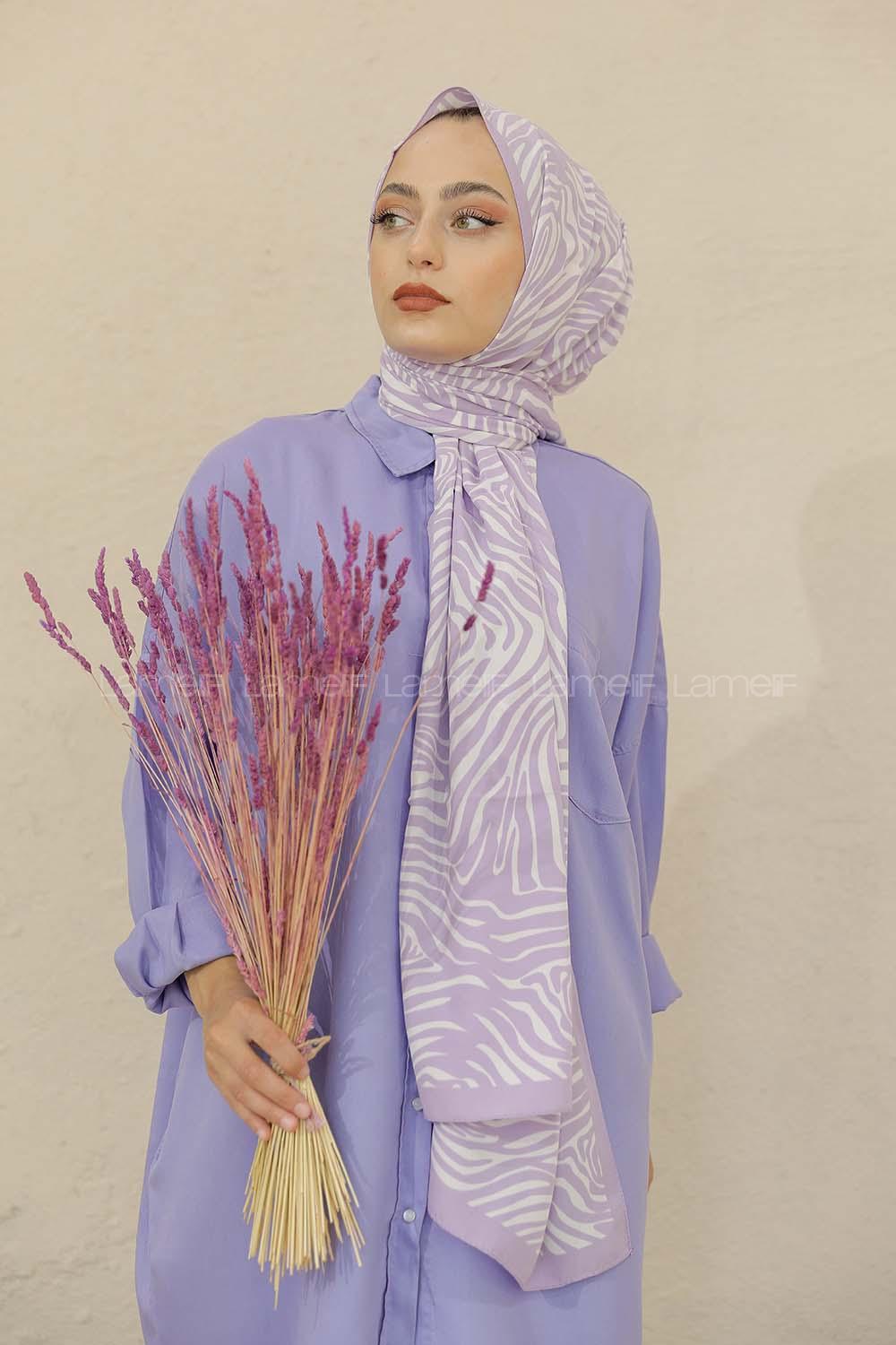 Modalamelif Renkli Baskılı Medine İpeği Şal Monokrom Desen Lila