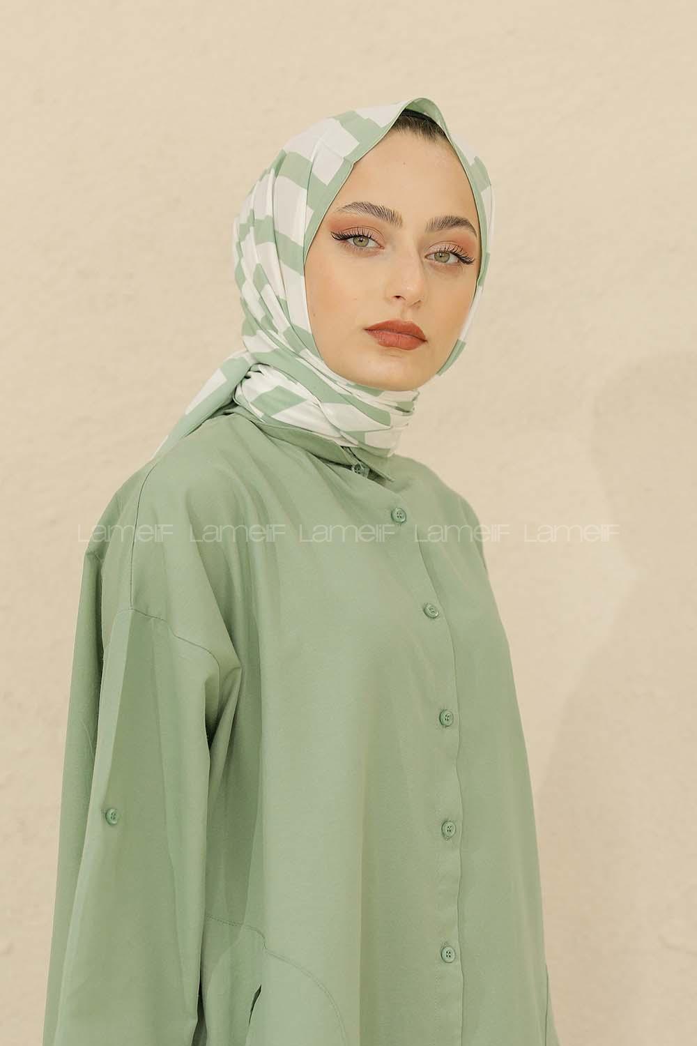 Modalamelif Renkli Baskılı Medine İpeği Şal Monokrom Desen Mint