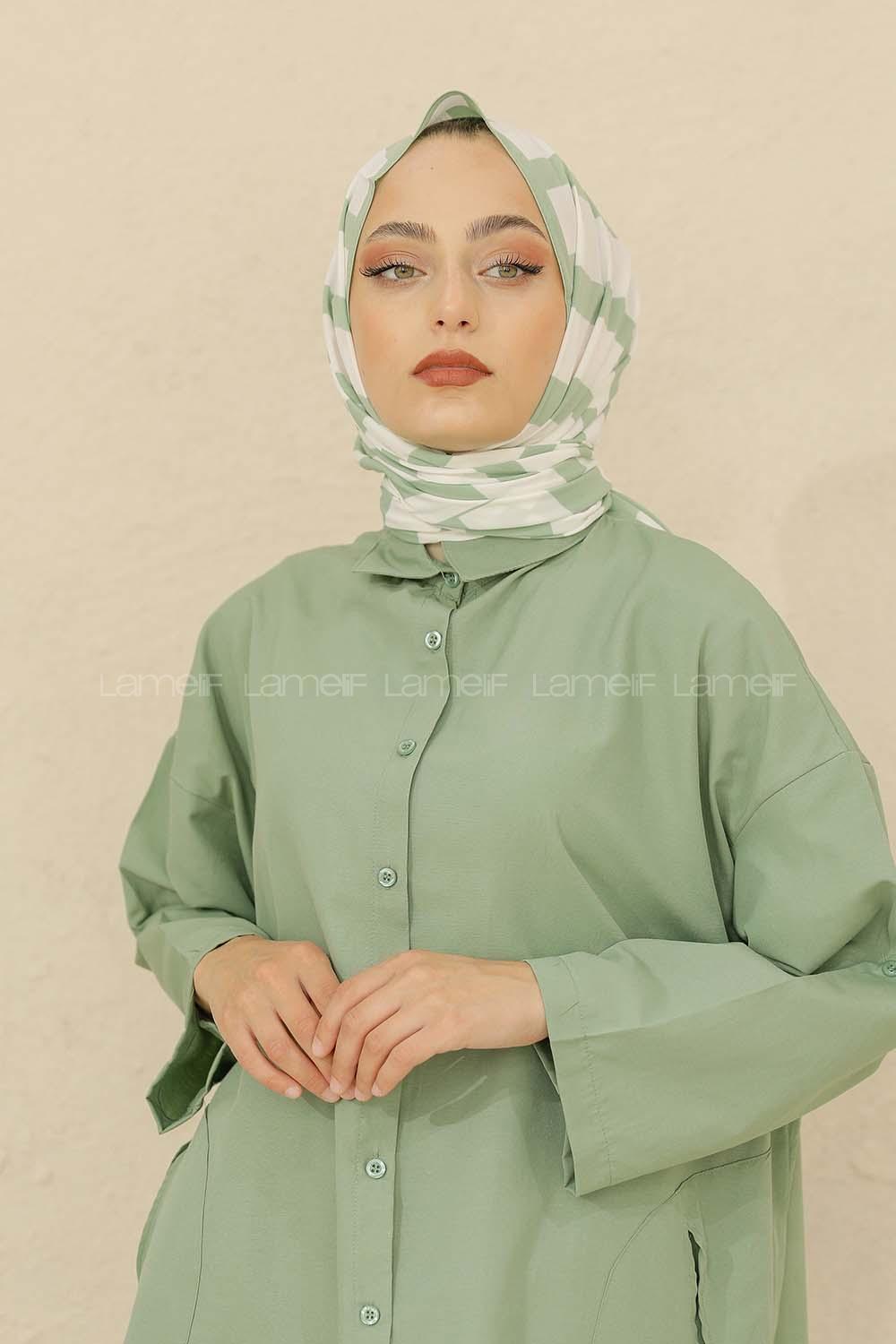 Modalamelif Renkli Baskılı Medine İpeği Şal Monokrom Desen Mint