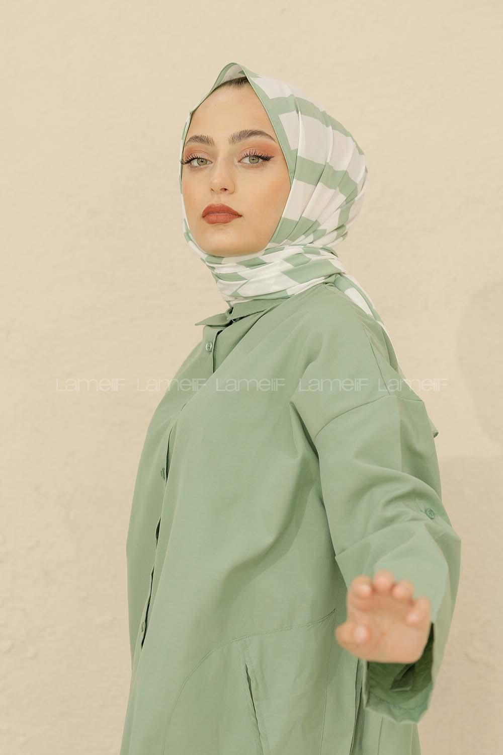 Modalamelif Renkli Baskılı Medine İpeği Şal Monokrom Desen Mint