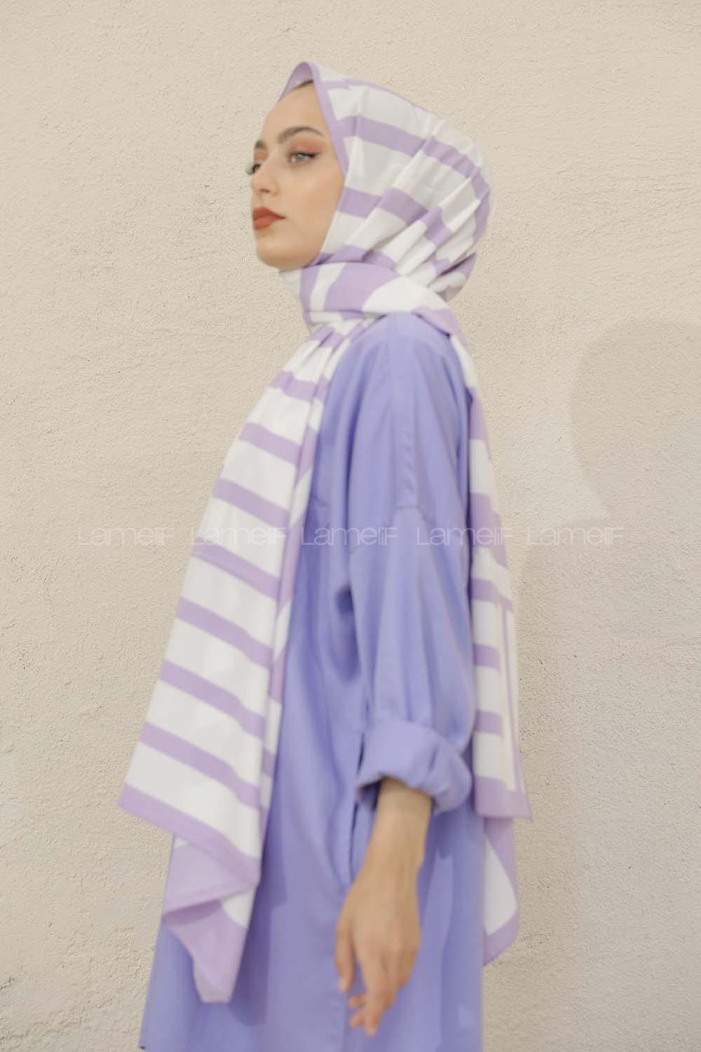 Modalamelif Renkli Baskılı Medine İpeği Şal Paralel Desen Lavanta