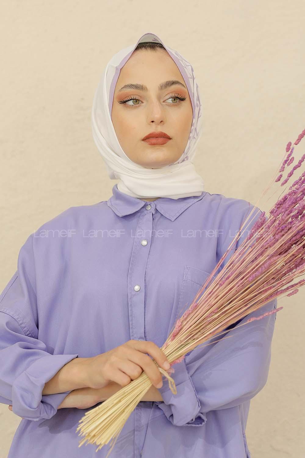 Modalamelif Renkli Baskılı Medine İpeği Şal Tomurcuk Desen Lila