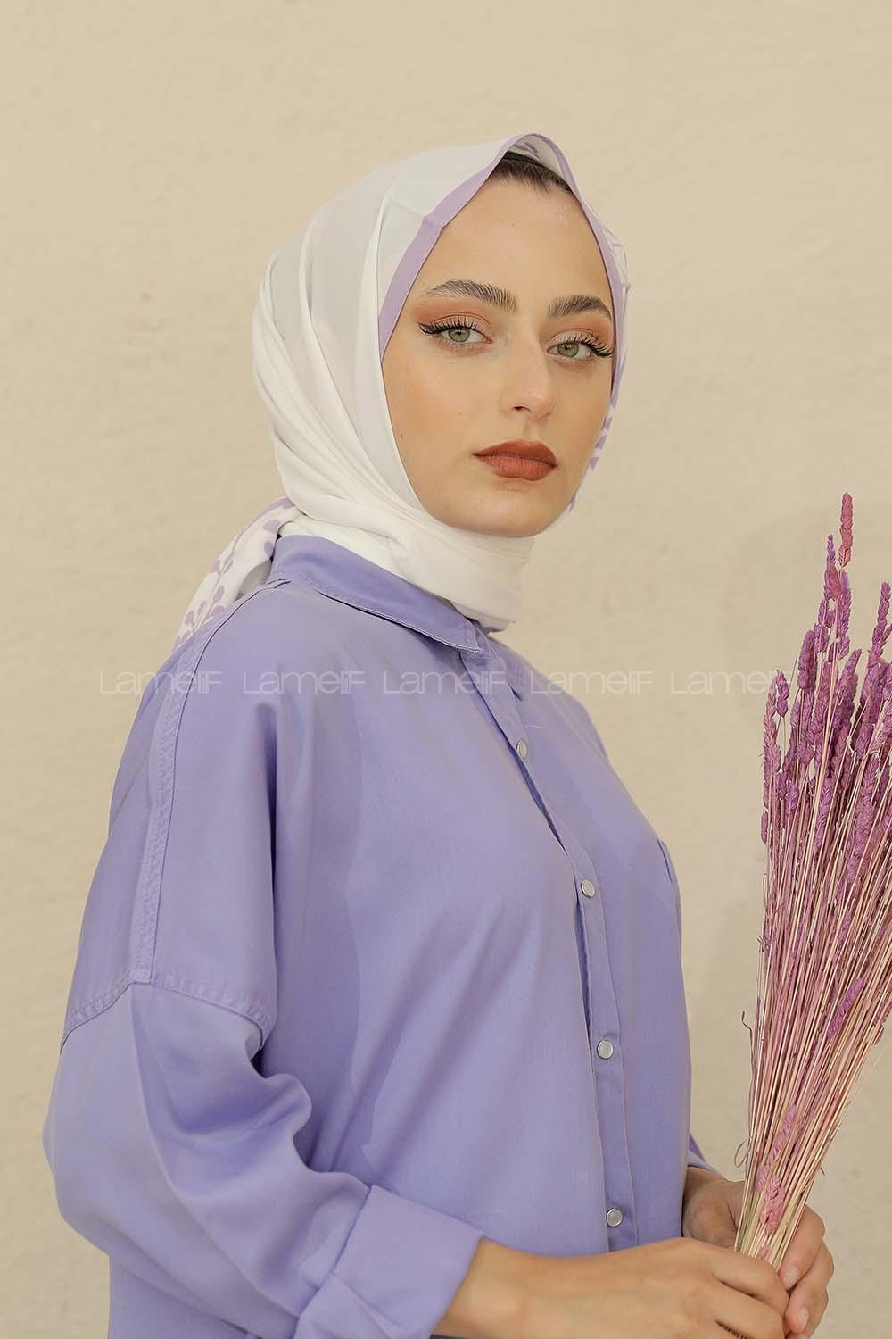 Modalamelif Renkli Baskılı Medine İpeği Şal Tomurcuk Desen Lila