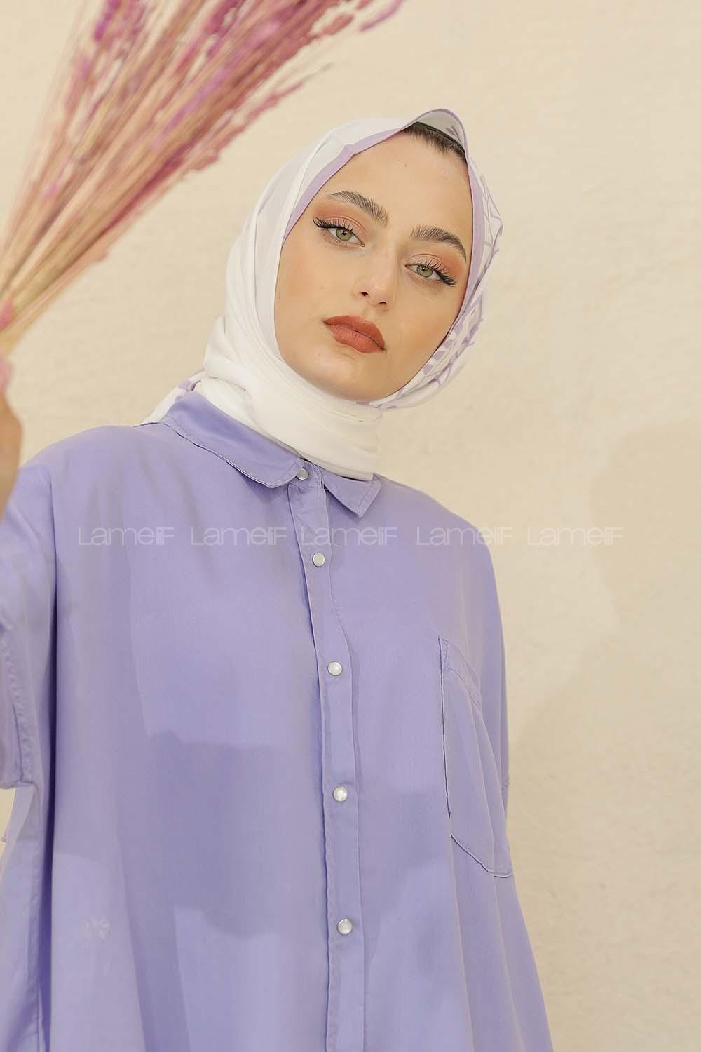 Modalamelif Renkli Baskılı Medine İpeği Şal Tomurcuk Desen Lila