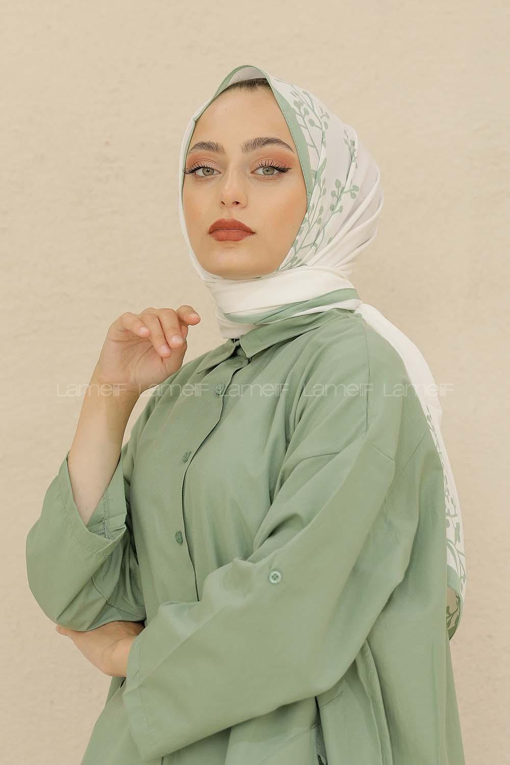 Modalamelif Renkli Baskılı Medine İpeği Şal Tomurcuk Desen Mint