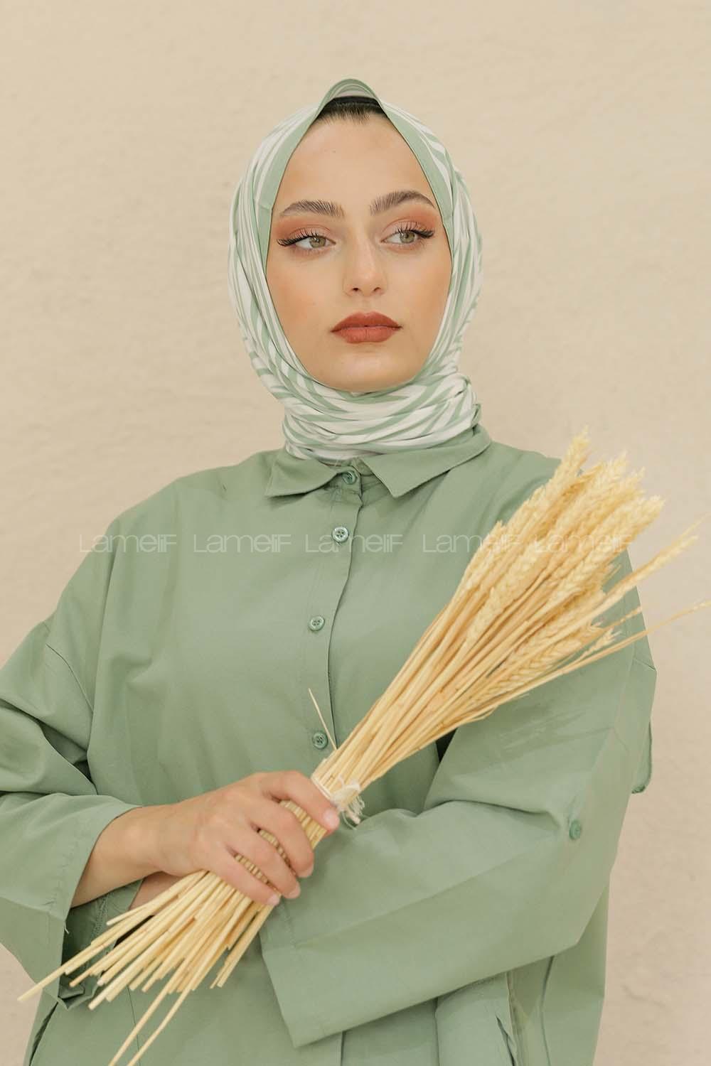 Modalamelif Renkli Baskılı Medine İpeği Şal Zebra Desen Çağla