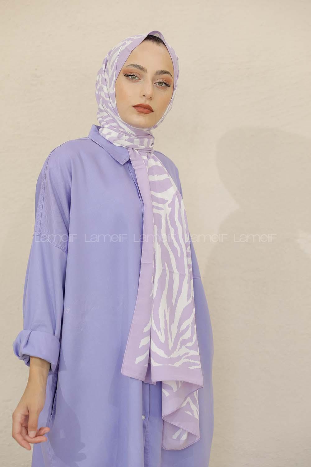 Modalamelif Renkli Baskılı Medine İpeği Şal Zebra Desen Lila