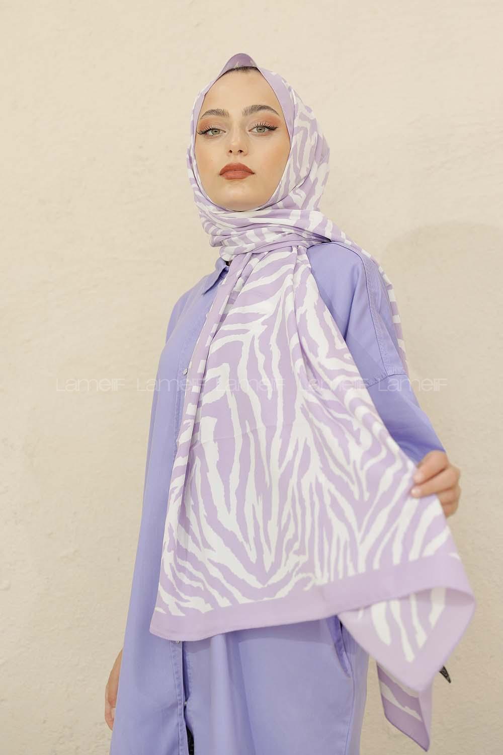 Modalamelif Renkli Baskılı Medine İpeği Şal Zebra Desen Lila