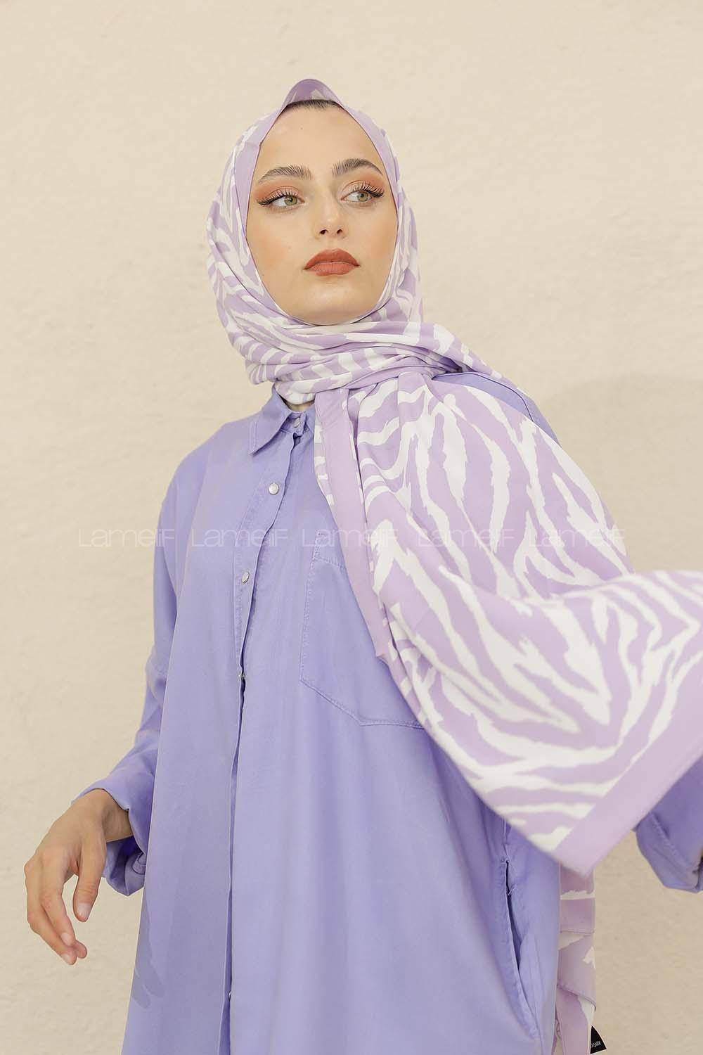 Modalamelif Renkli Baskılı Medine İpeği Şal Zebra Desen Lila