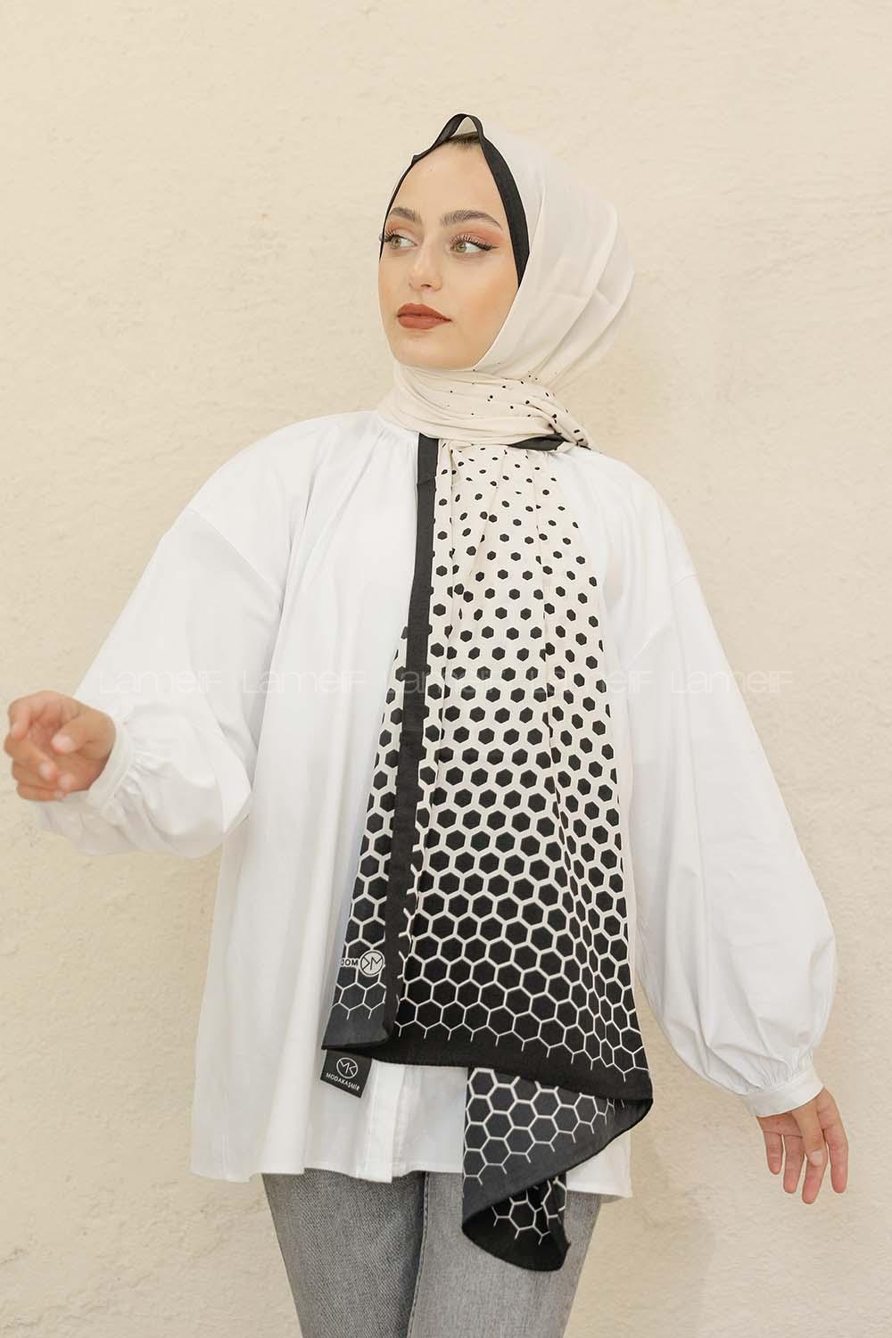 Modalamelif Siyah&Beyaz Baskılı Medine İpeği Şal Altıgen Desen