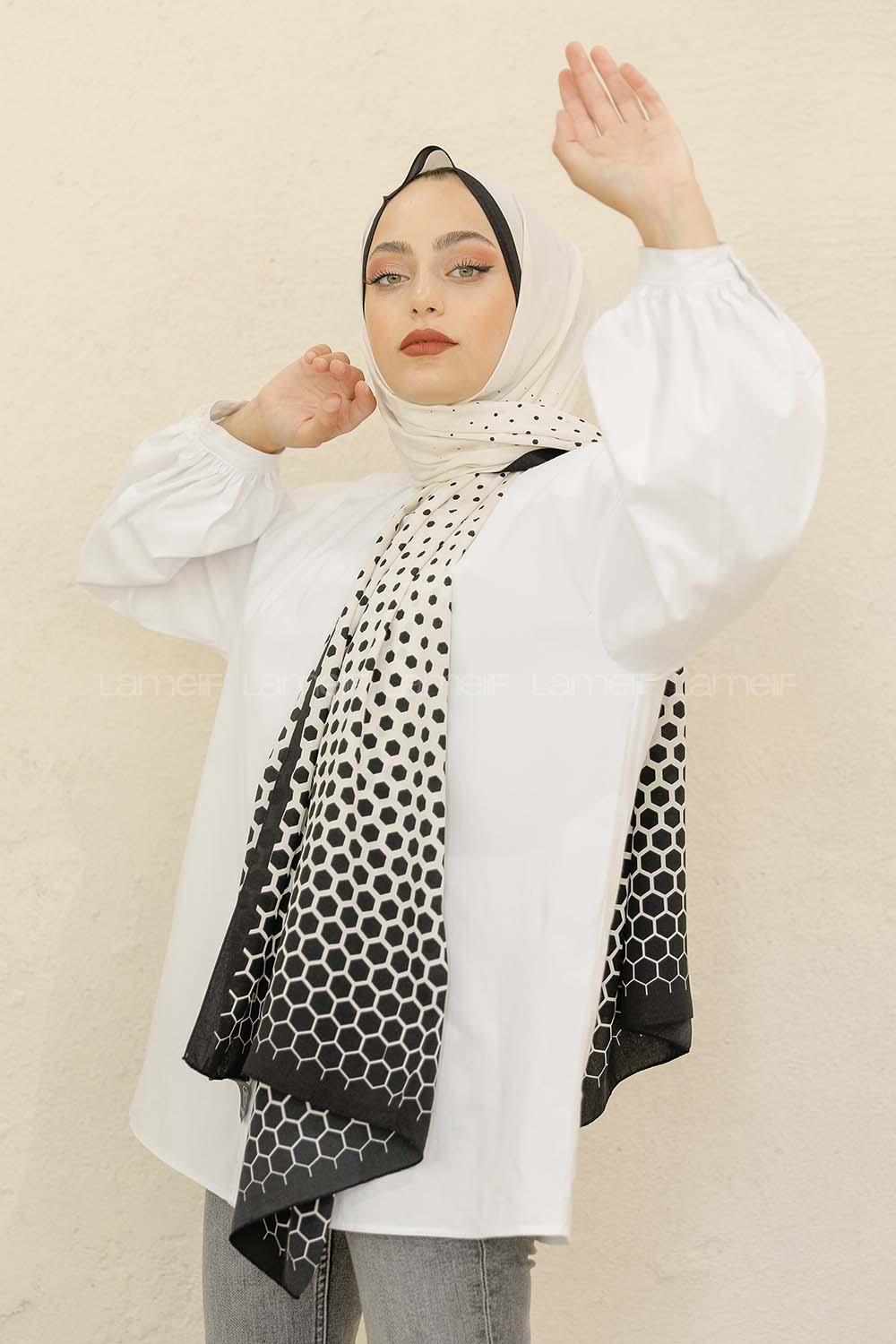 Modalamelif Siyah&Beyaz Baskılı Medine İpeği Şal Altıgen Desen