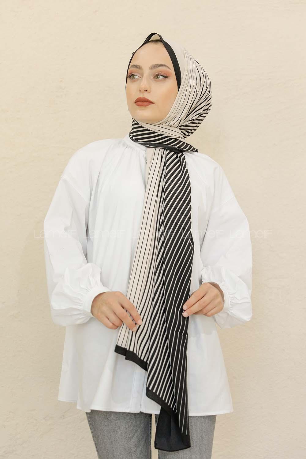 Modalamelif Siyah&Beyaz Baskılı Medine İpeği Şal Aritmik Desen