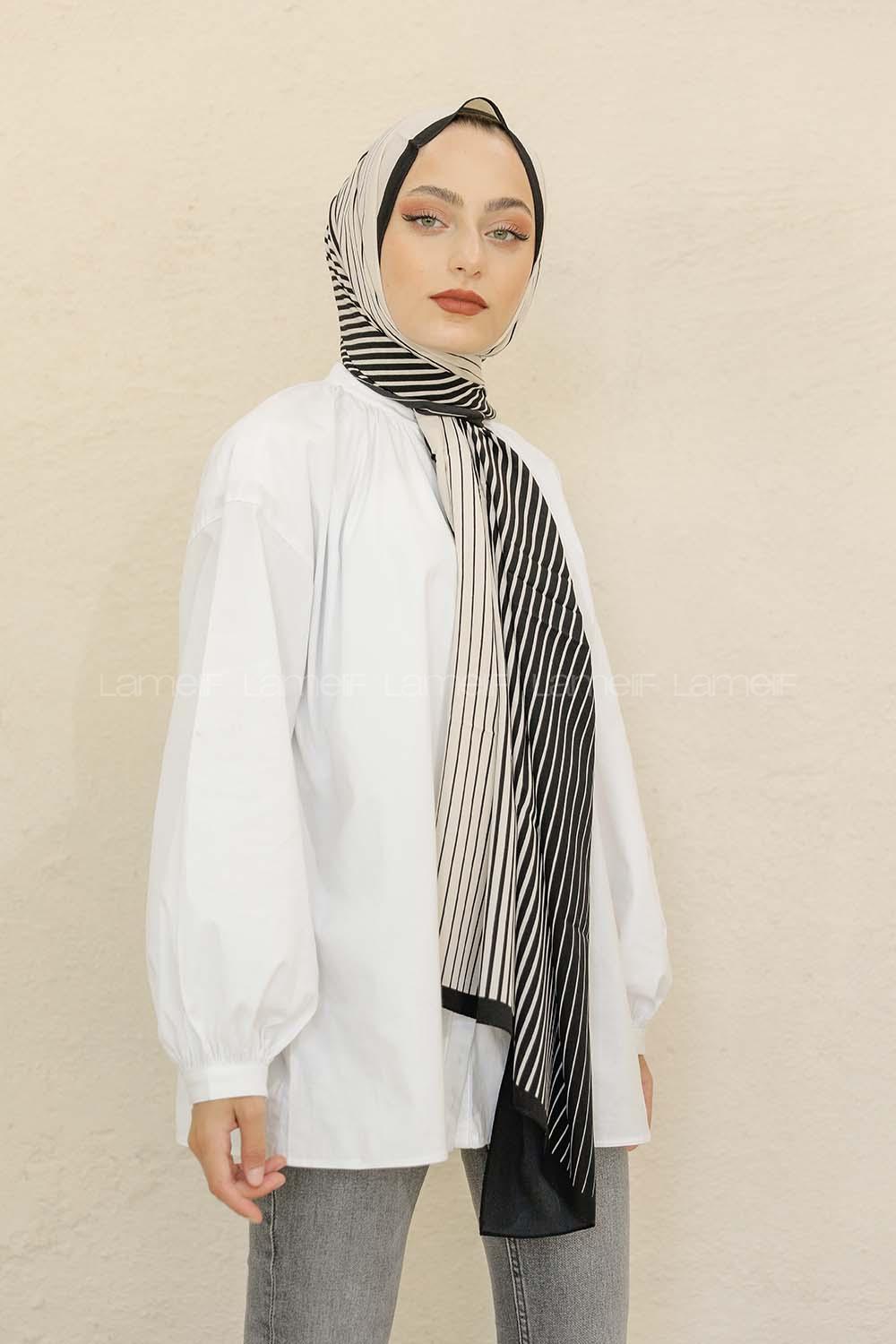 Modalamelif Siyah&Beyaz Baskılı Medine İpeği Şal Aritmik Desen